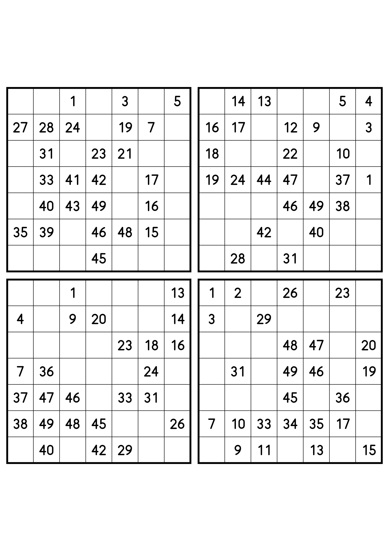 Four easy 7x7 Hidoku grids, 25 numbers given in each. Variant 5.