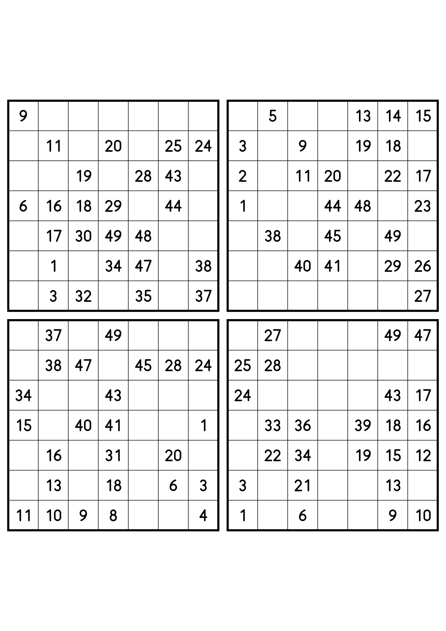 Four easy 7x7 Hidoku grids, 25 numbers given in each. Variant 6.