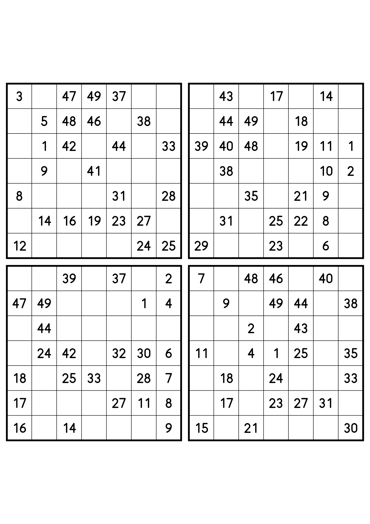 Four easy 7x7 Hidoku grids, 25 numbers given in each. Variant 7.
