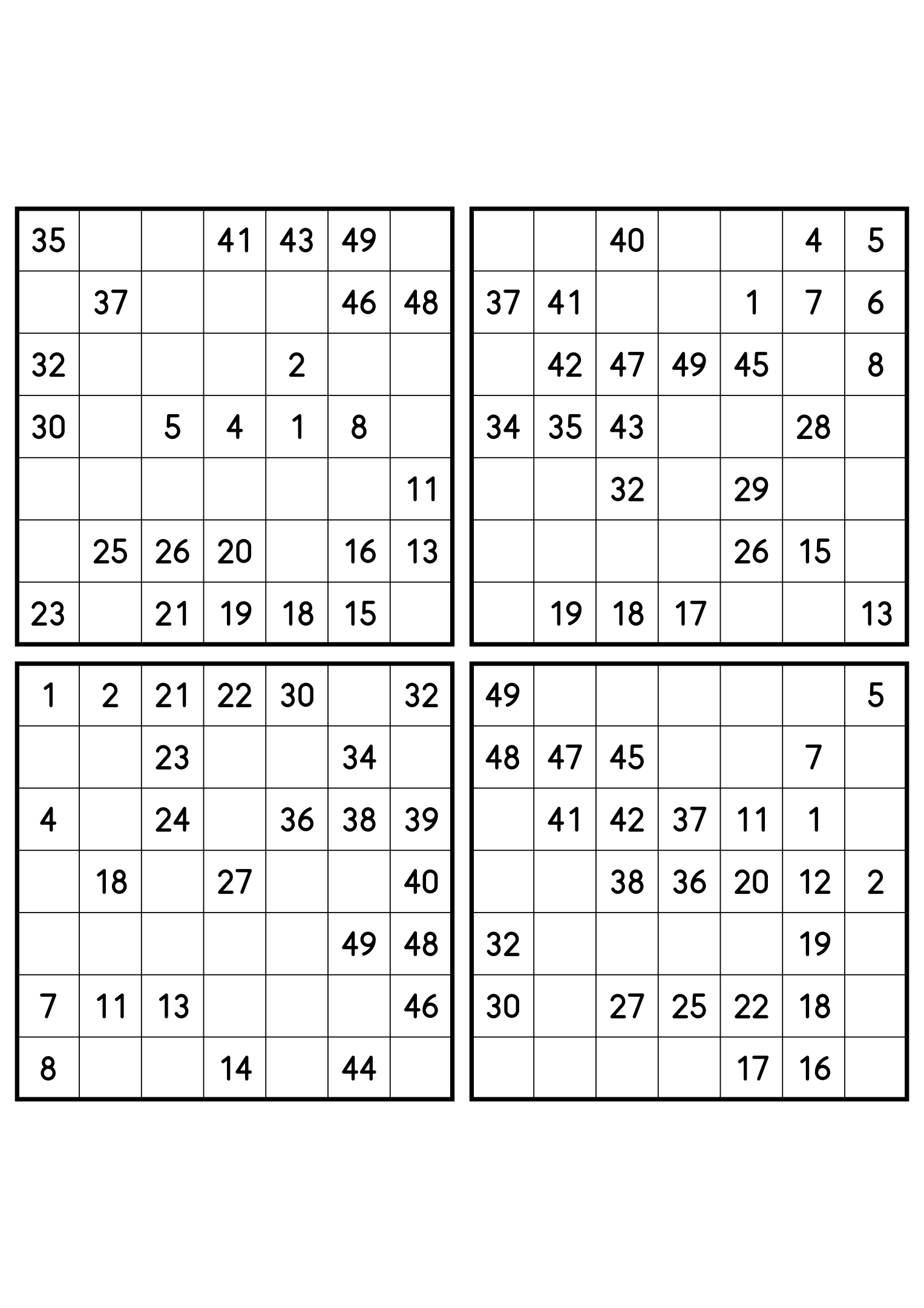Four easy 7x7 Hidoku grids, 25 numbers given in each. Variant 8.