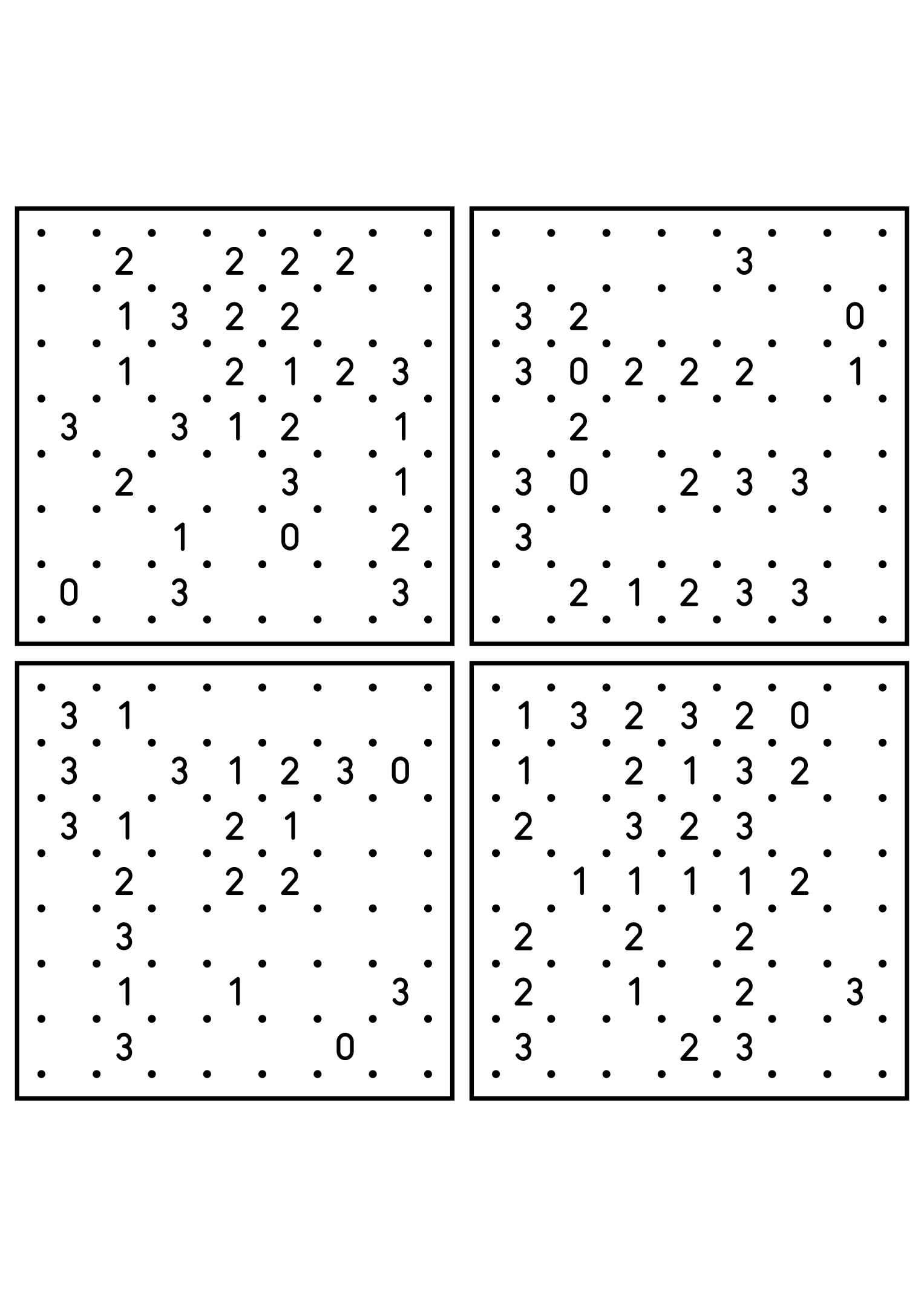 Four easy 7x7 slitherlink grids, each loop found by counting sides. Level: Easy, 4 puzzles per page. Variant 1.
