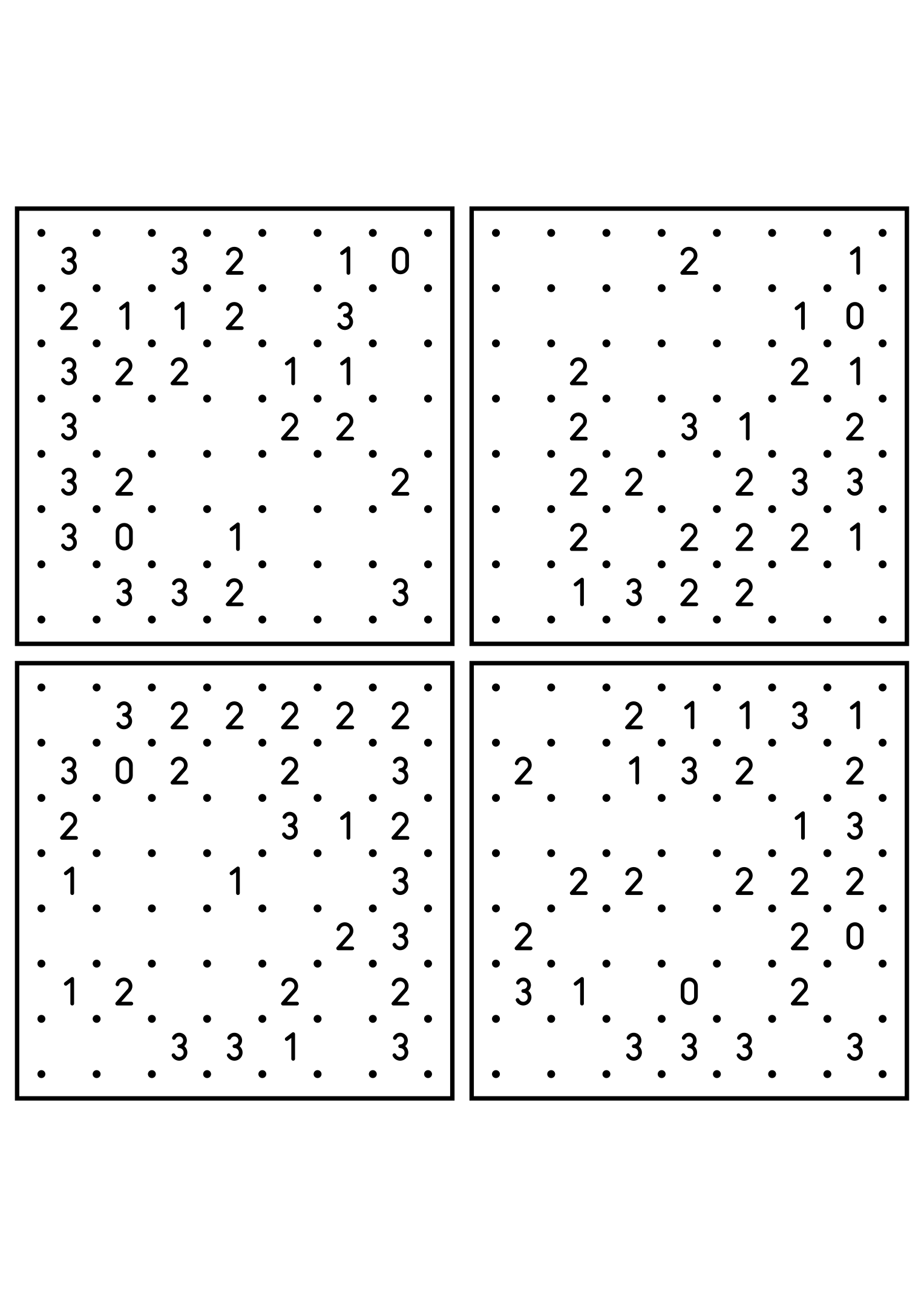 Four easy 7x7 slitherlink grids, each loop found by counting sides. Level: Easy, 4 puzzles per page. Variant 2.