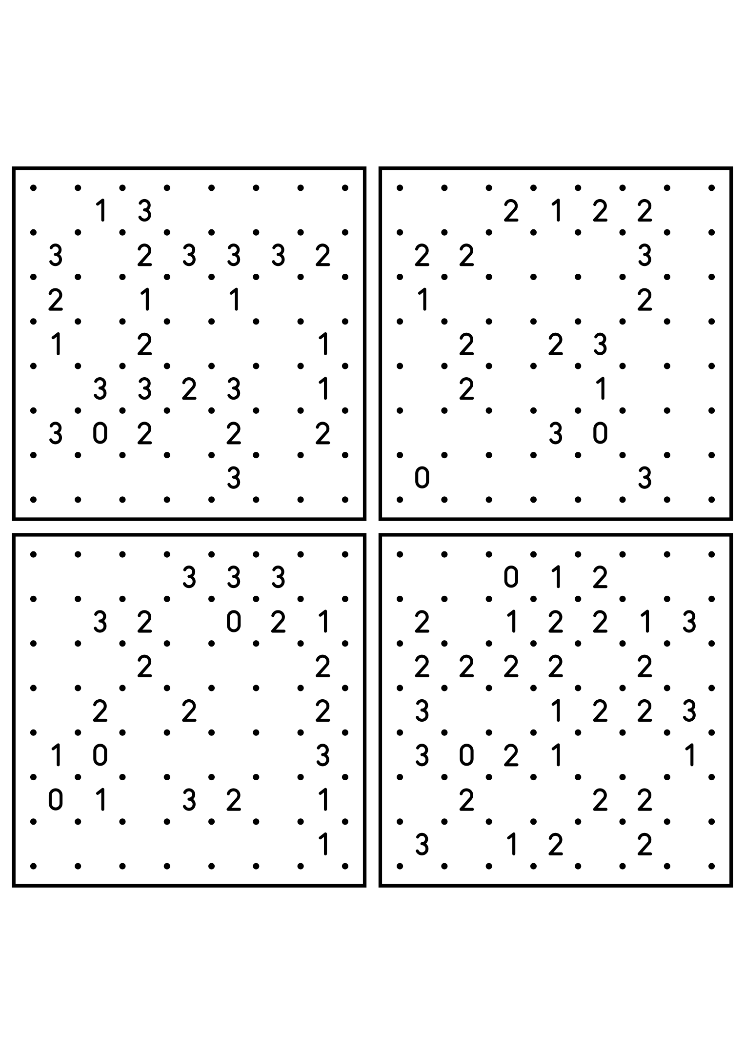 Four easy 7x7 slitherlink grids, each loop found by counting sides. Level: Easy, 4 puzzles per page. Variant 3.