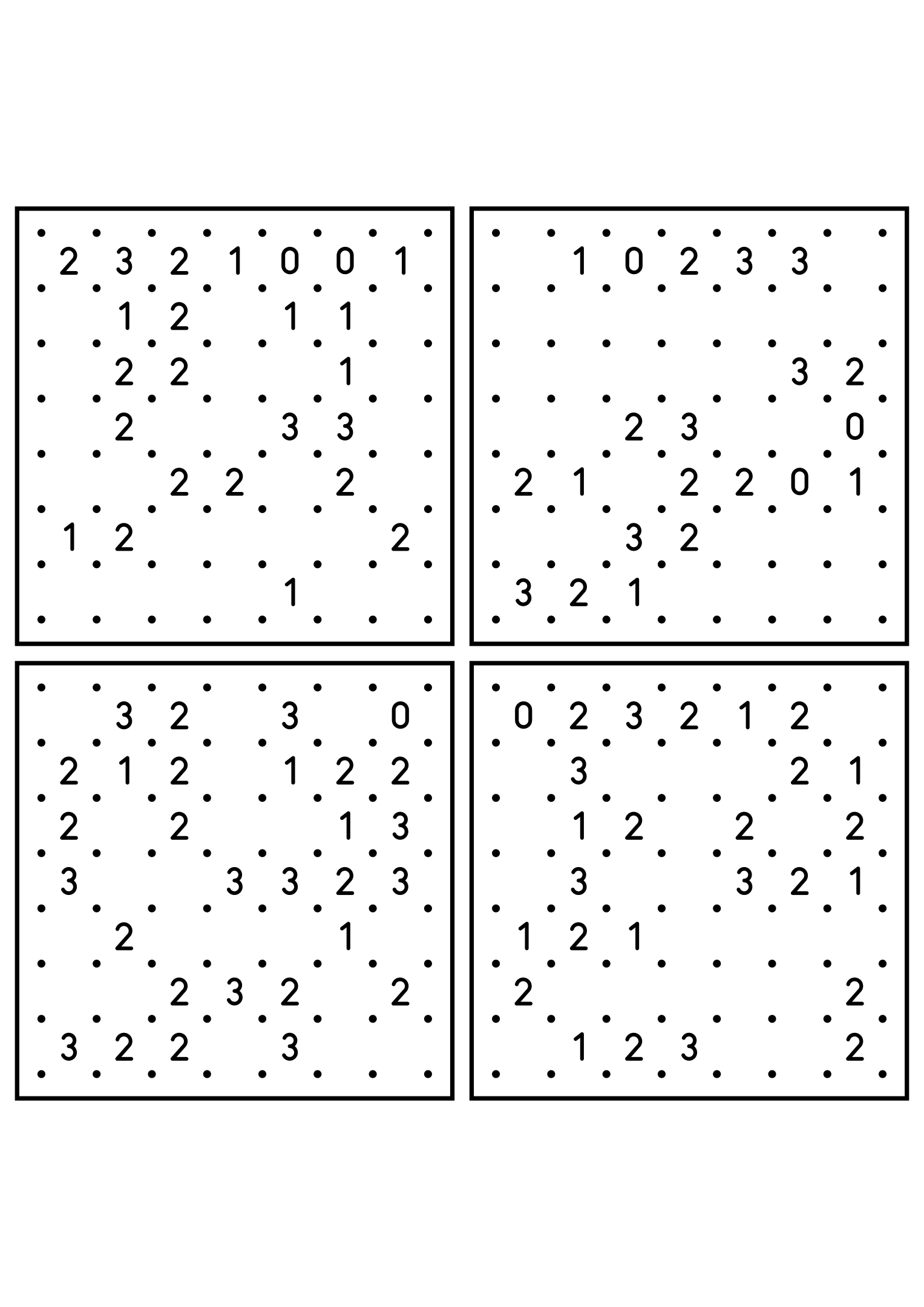 Four easy 7x7 slitherlink grids, each loop found by counting sides. Level: Easy, 4 puzzles per page. Variant 4.