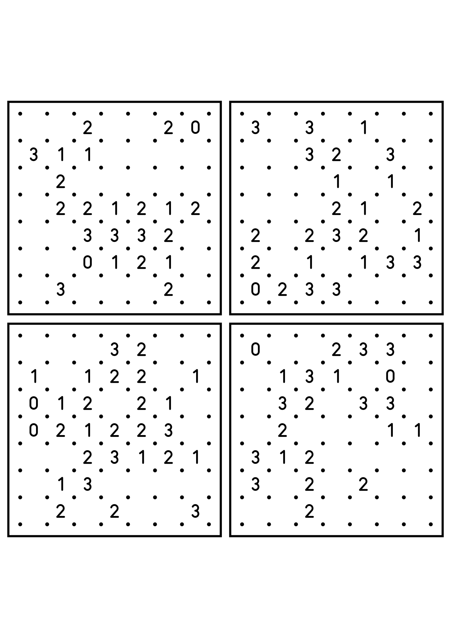 Four easy 7x7 slitherlink grids, each loop found by counting sides. Level: Easy, 4 puzzles per page. Variant 5.