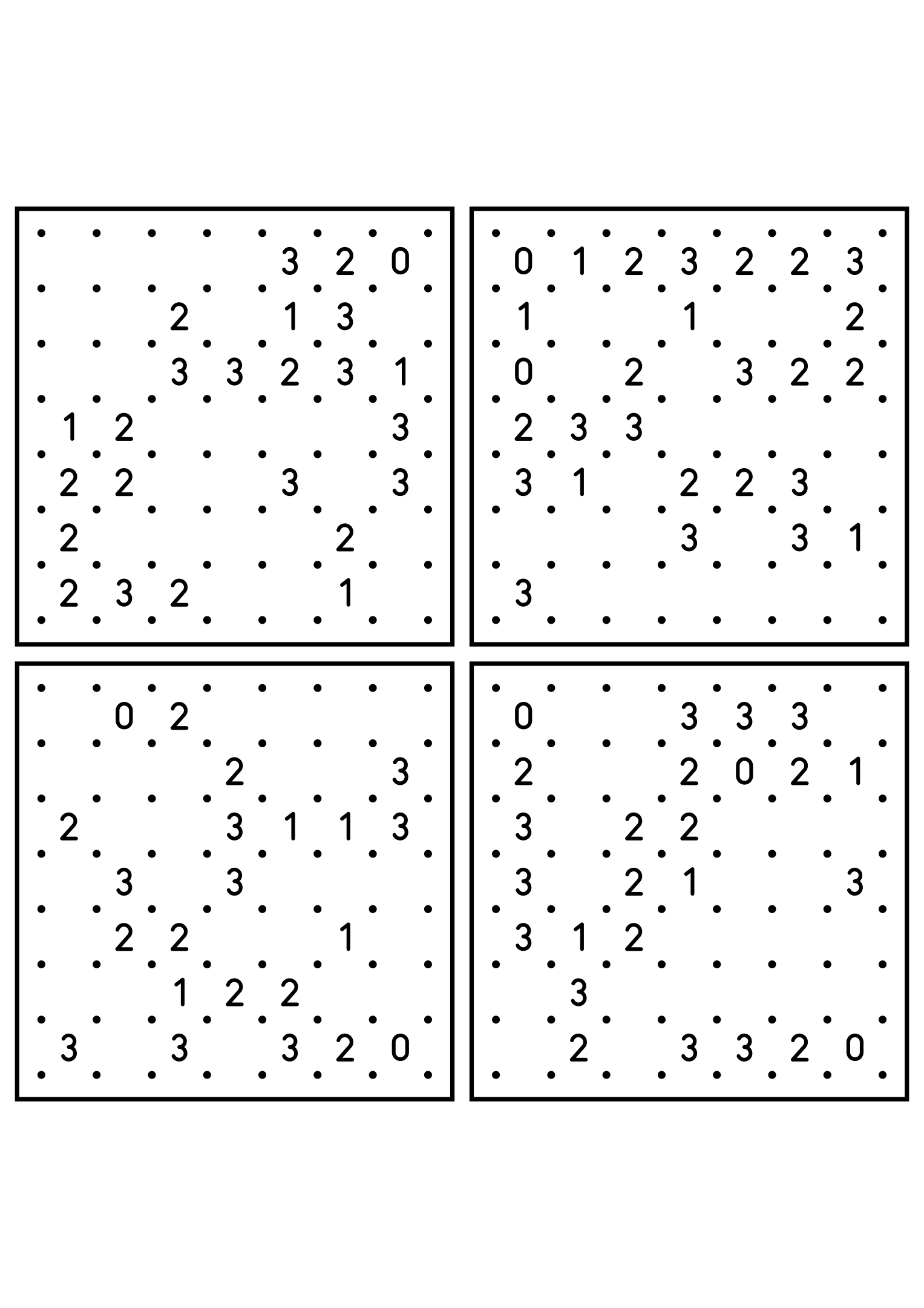 Four easy 7x7 slitherlink grids, each loop found by counting sides. Level: Easy, 4 puzzles per page. Variant 6.