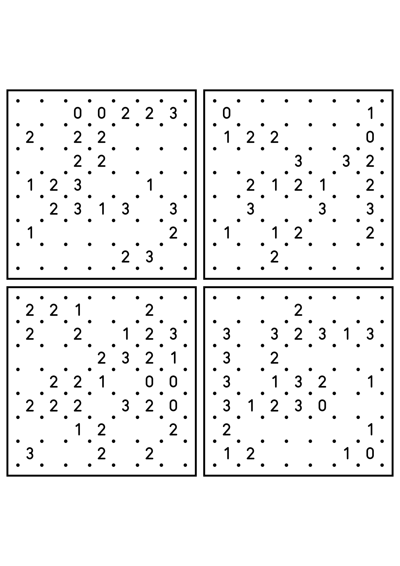 Four easy 7x7 slitherlink grids, each loop found by counting sides. Level: Easy, 4 puzzles per page. Variant 7.