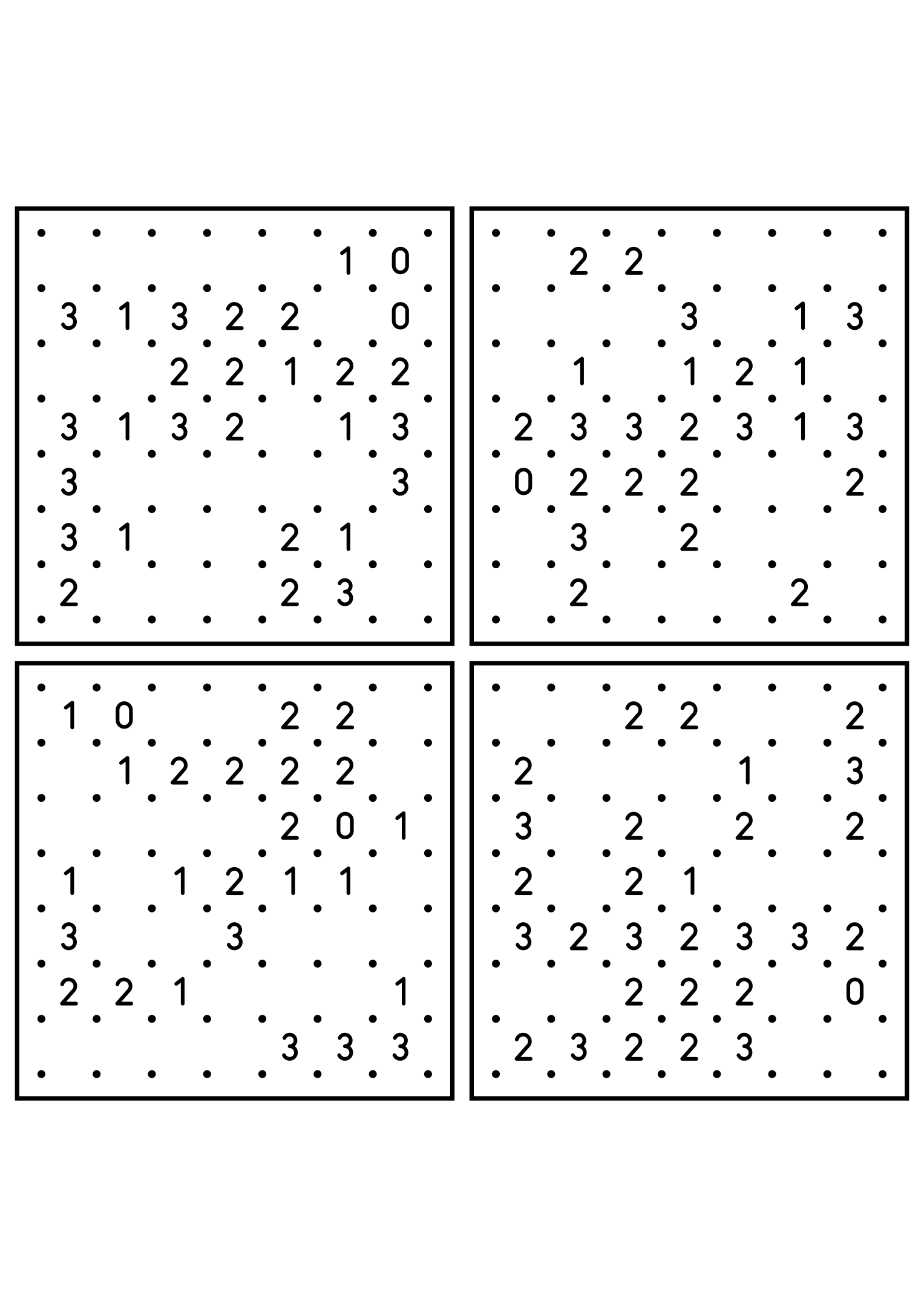 Four easy 7x7 slitherlink grids, each loop found by counting sides. Level: Easy, 4 puzzles per page. Variant 8.