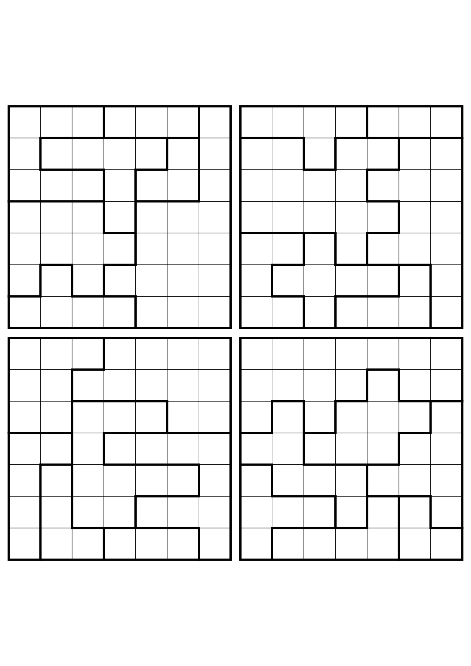 Four easy 7x7 star battle grids, each solved region by region. Level: Easy, 4 puzzles per page. Variant 1.
