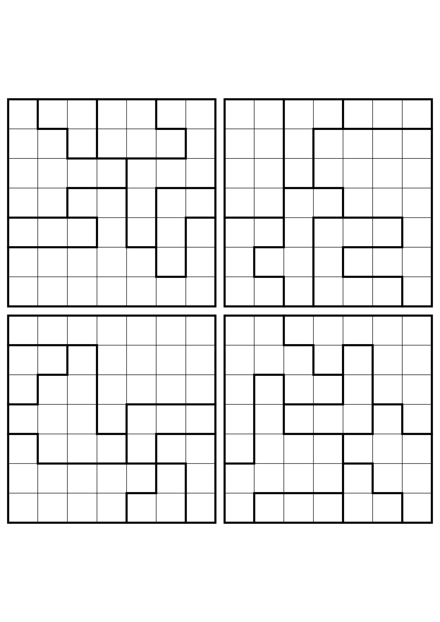 Four easy 7x7 star battle grids, each solved region by region. Level: Easy, 4 puzzles per page. Variant 2.