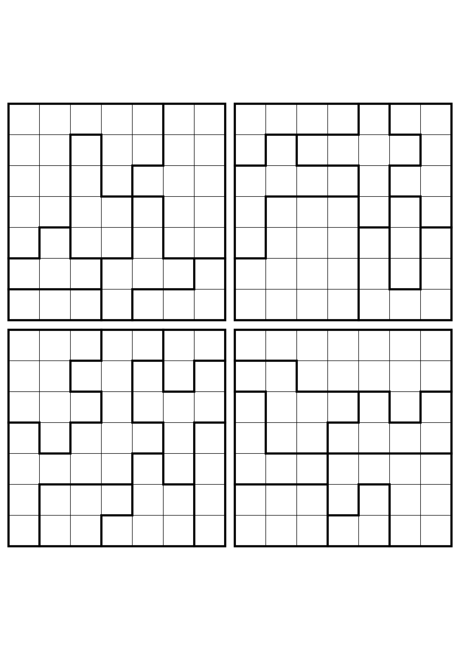 Four easy 7x7 star battle grids, each solved region by region. Level: Easy, 4 puzzles per page. Variant 3.