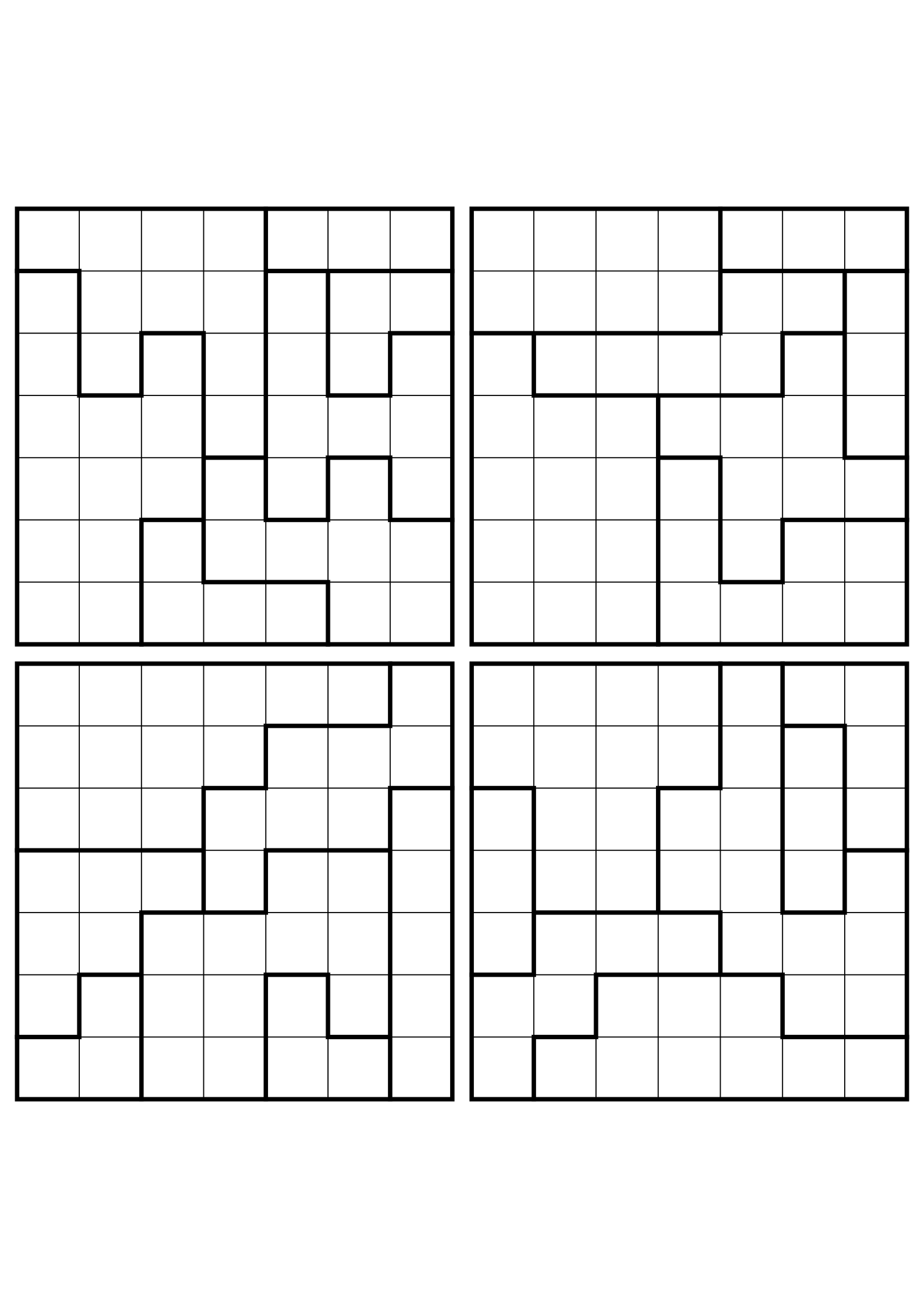 Four easy 7x7 star battle grids, each solved region by region. Level: Easy, 4 puzzles per page. Variant 4.