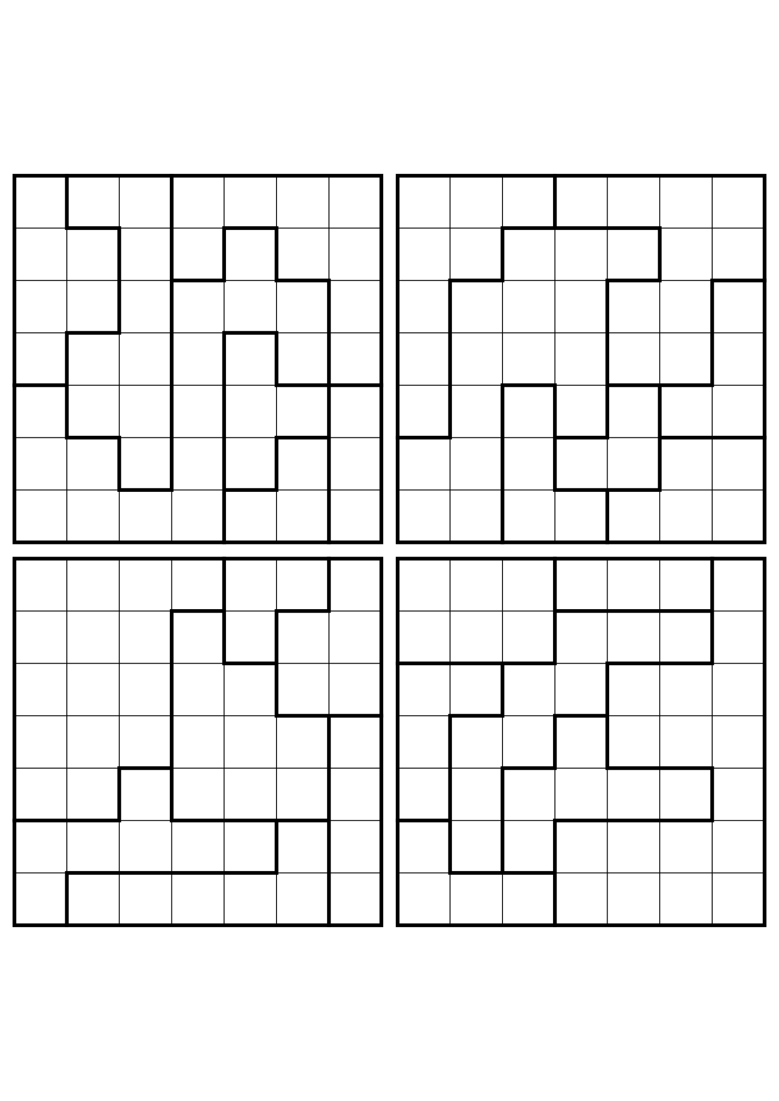 Four easy 7x7 star battle grids, each solved region by region. Level: Easy, 4 puzzles per page. Variant 7.