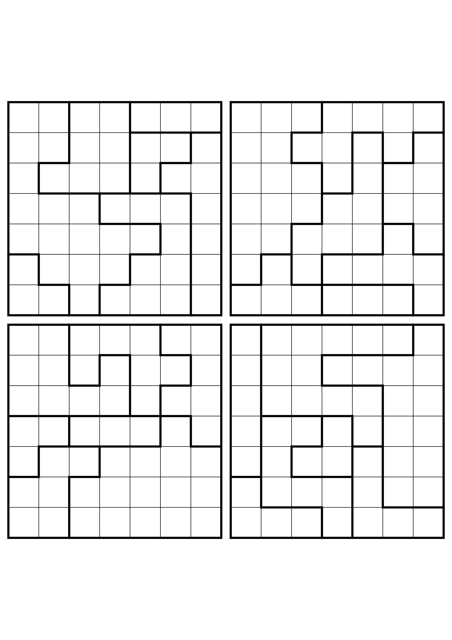Four easy 7x7 star battle grids, each solved region by region. Level: Easy, 4 puzzles per page. Variant 8.