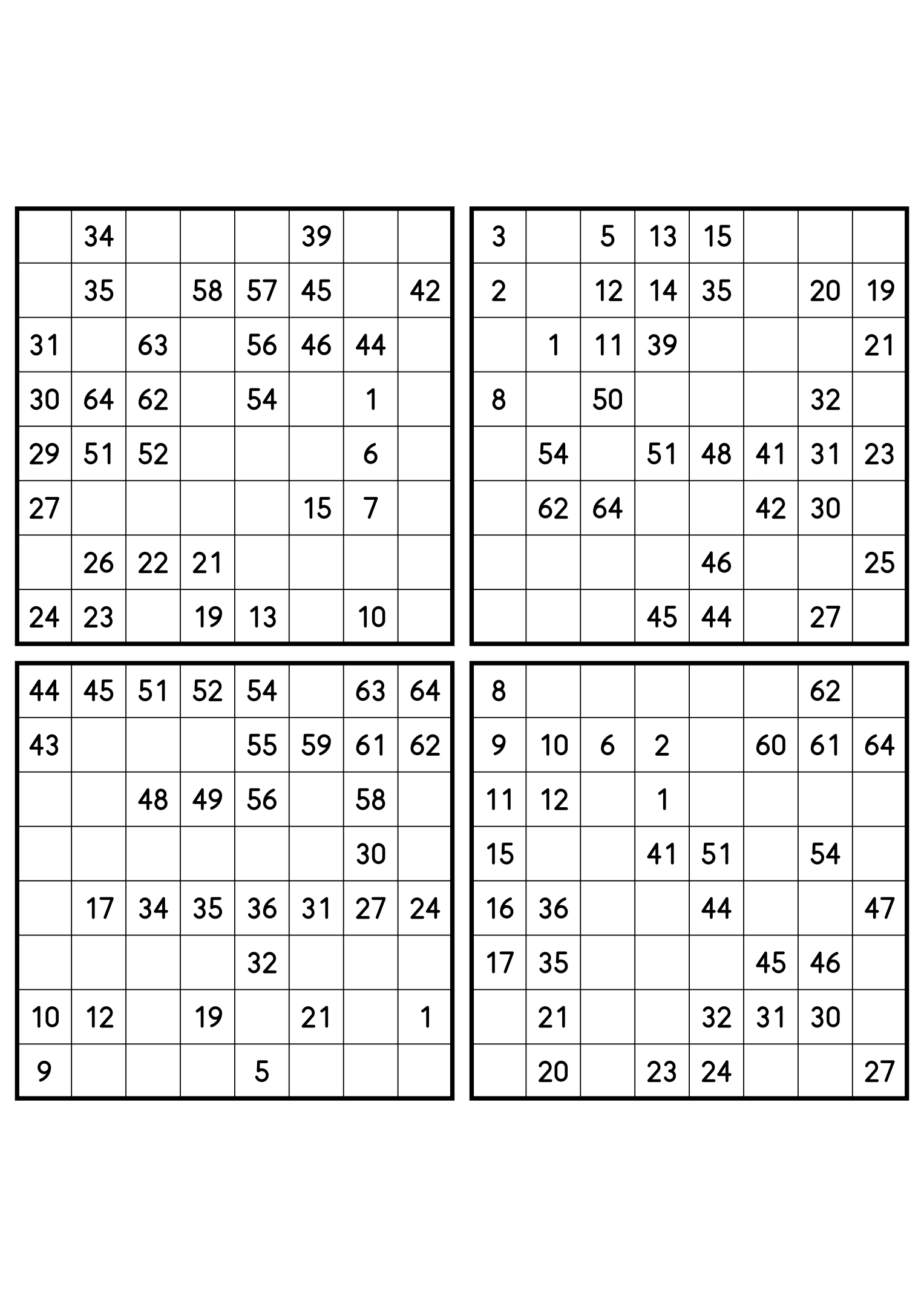 Four easy 8x8 Hidoku grids, 32 numbers given in each. Variant 1.