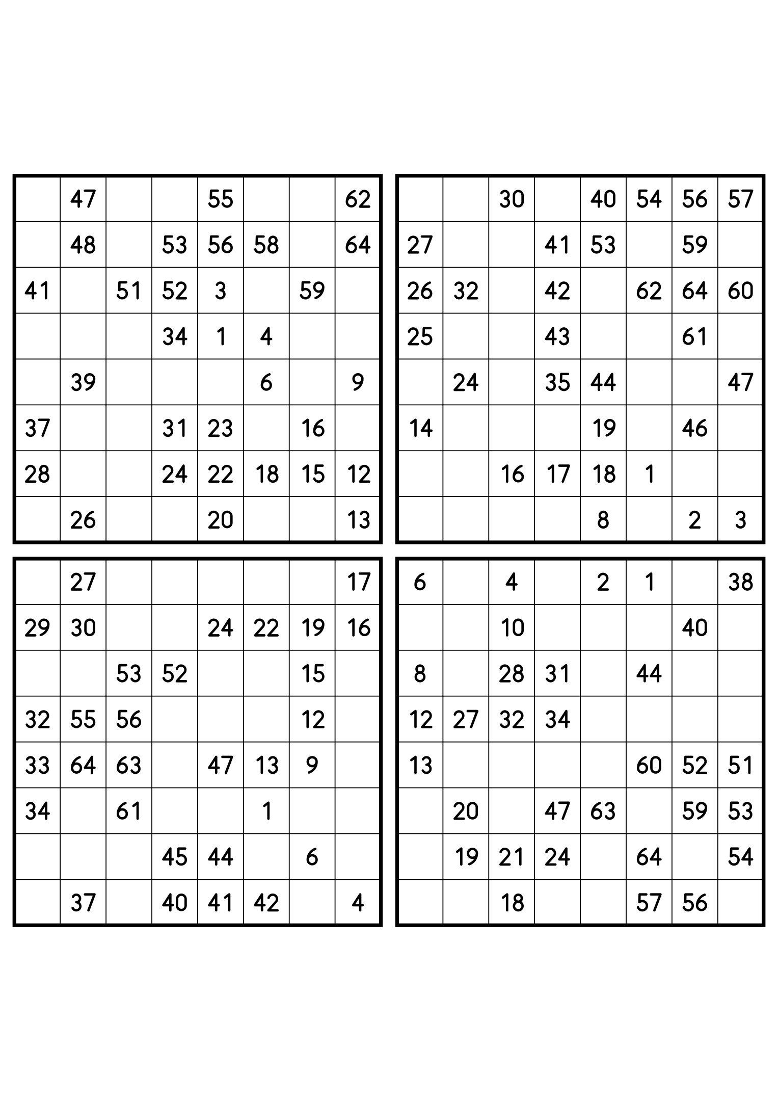 Four easy 8x8 Hidoku grids, 32 numbers given in each. Variant 2.