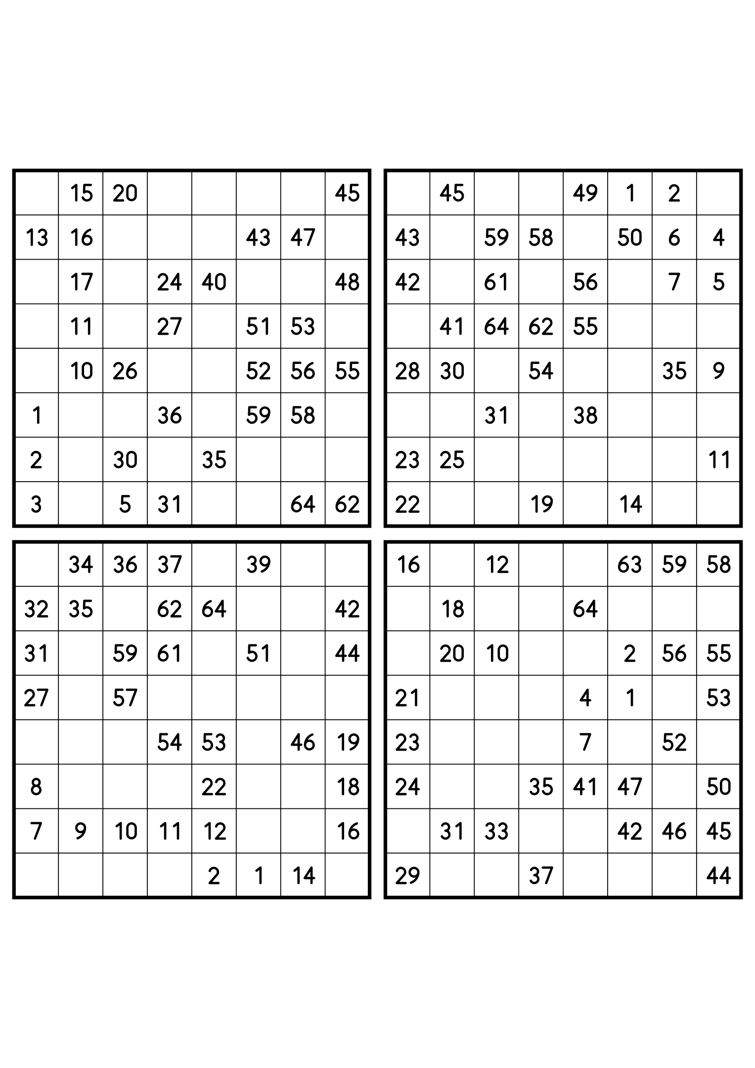 Four easy 8x8 Hidoku grids, 32 numbers given in each. Variant 3.
