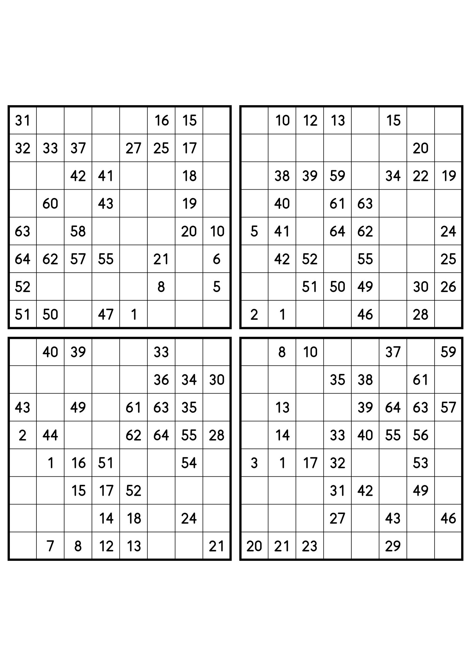 Four easy 8x8 Hidoku grids, 32 numbers given in each. Variant 4.