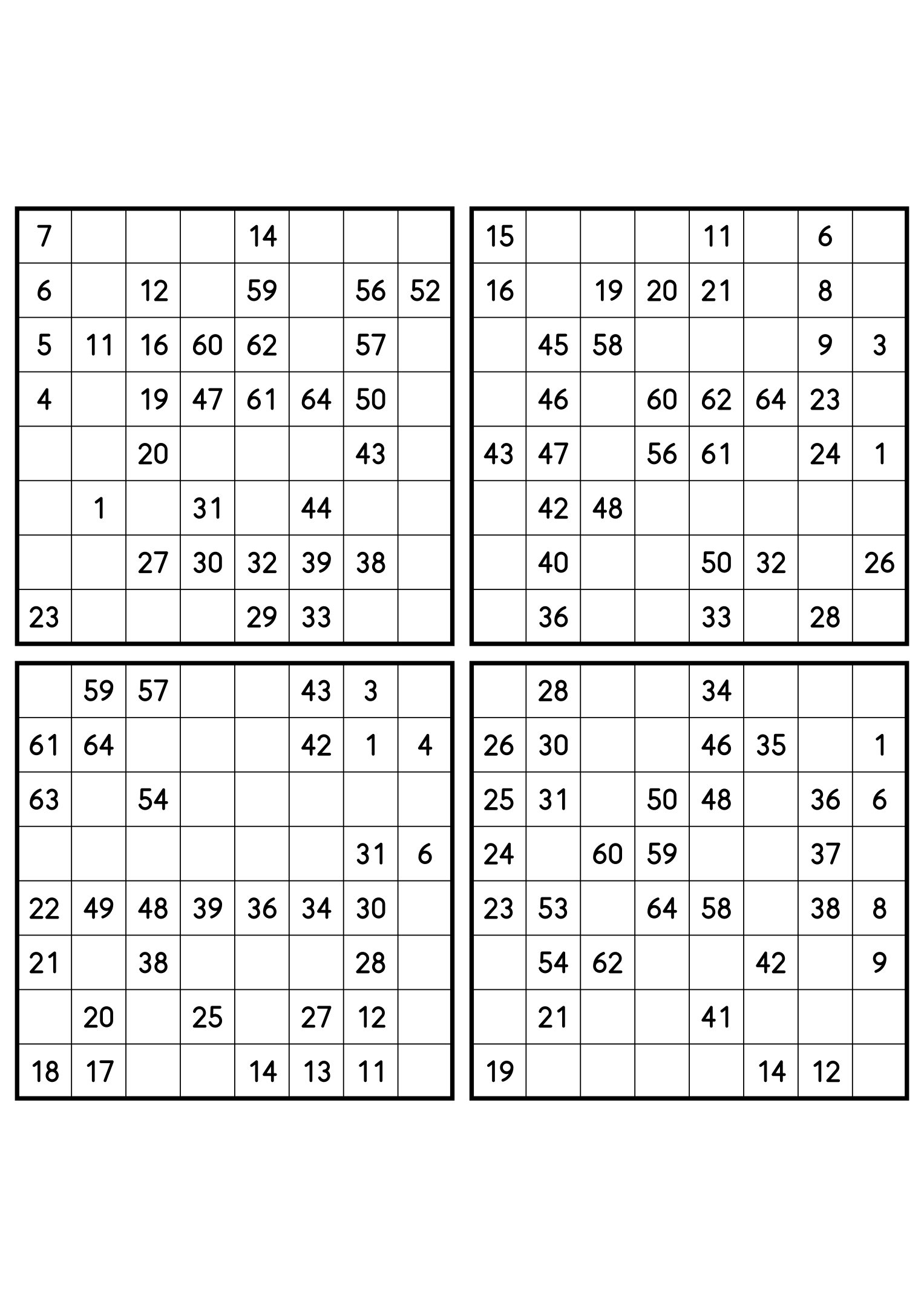 Four easy 8x8 Hidoku grids, 32 numbers given in each. Variant 5.
