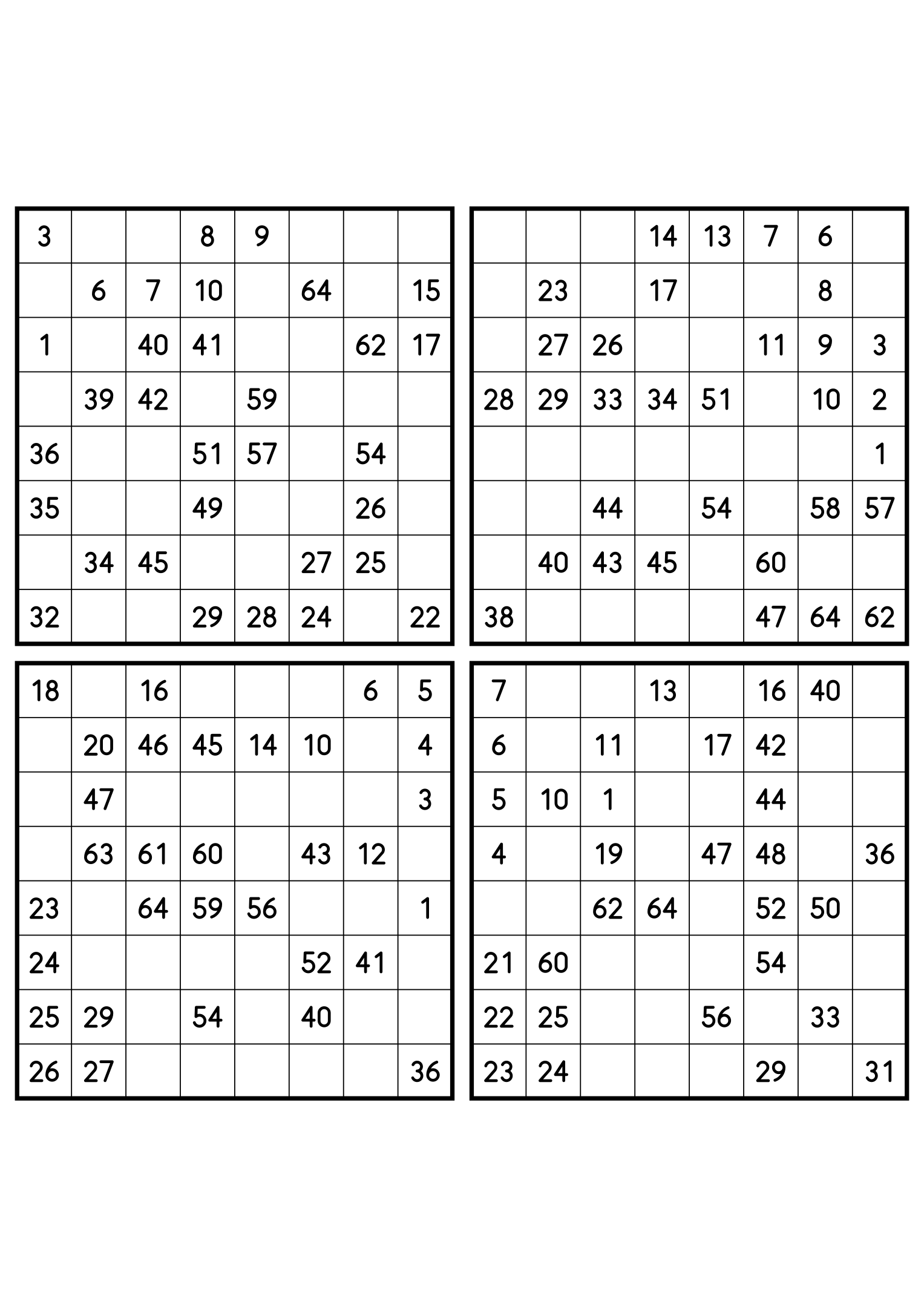 Four easy 8x8 Hidoku grids, 32 numbers given in each. Variant 6.