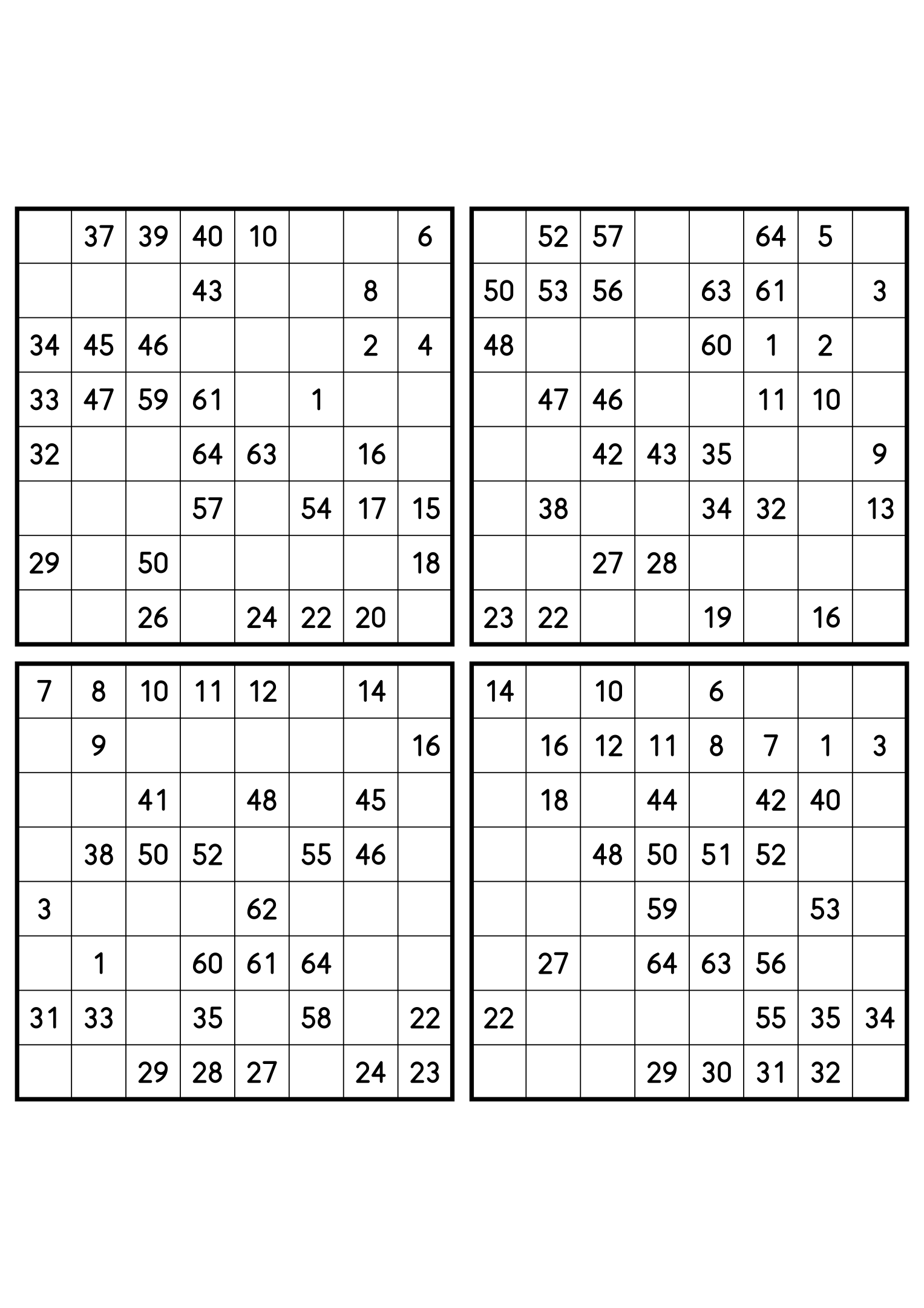 Four easy 8x8 Hidoku grids, 32 numbers given in each. Variant 7.