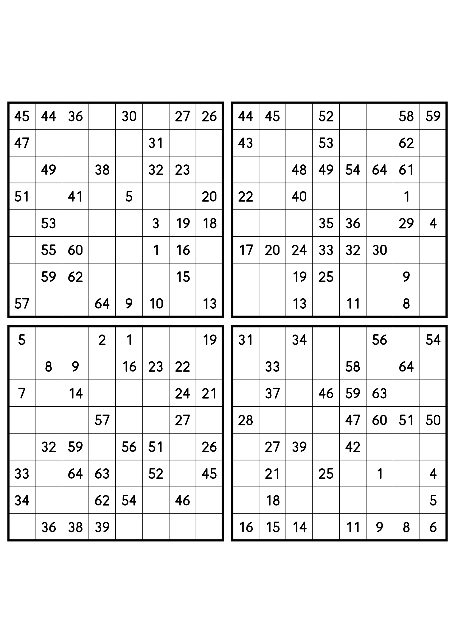 Four easy 8x8 Hidoku grids, 32 numbers given in each. Variant 8.