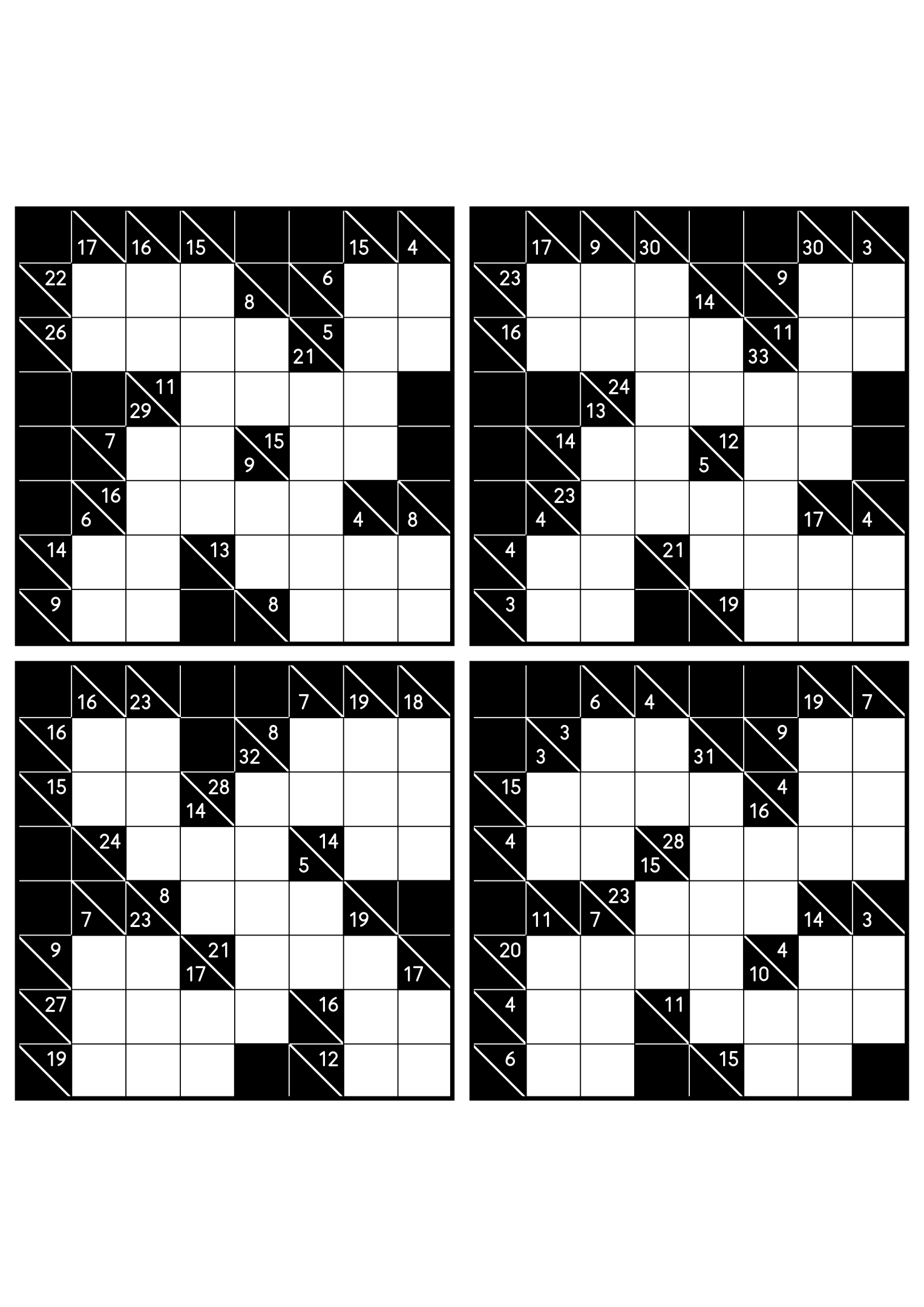 Four easy 8x8 kakuro grids, each solved from the combinations of its clues. Level: Easy, 4 puzzles per page. Variant 1.