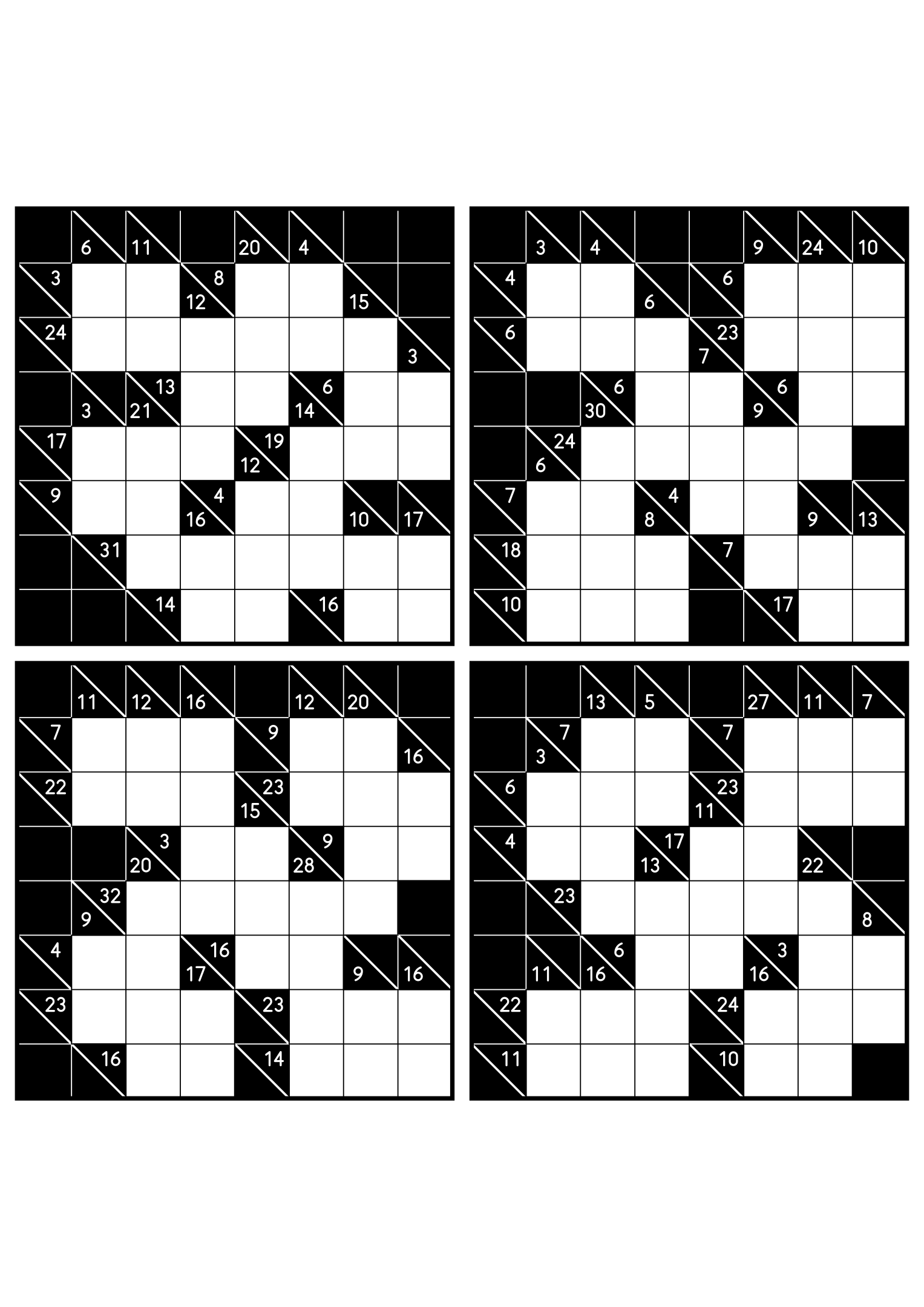 Four easy 8x8 kakuro grids, each solved from the combinations of its clues. Level: Easy, 4 puzzles per page. Variant 2.