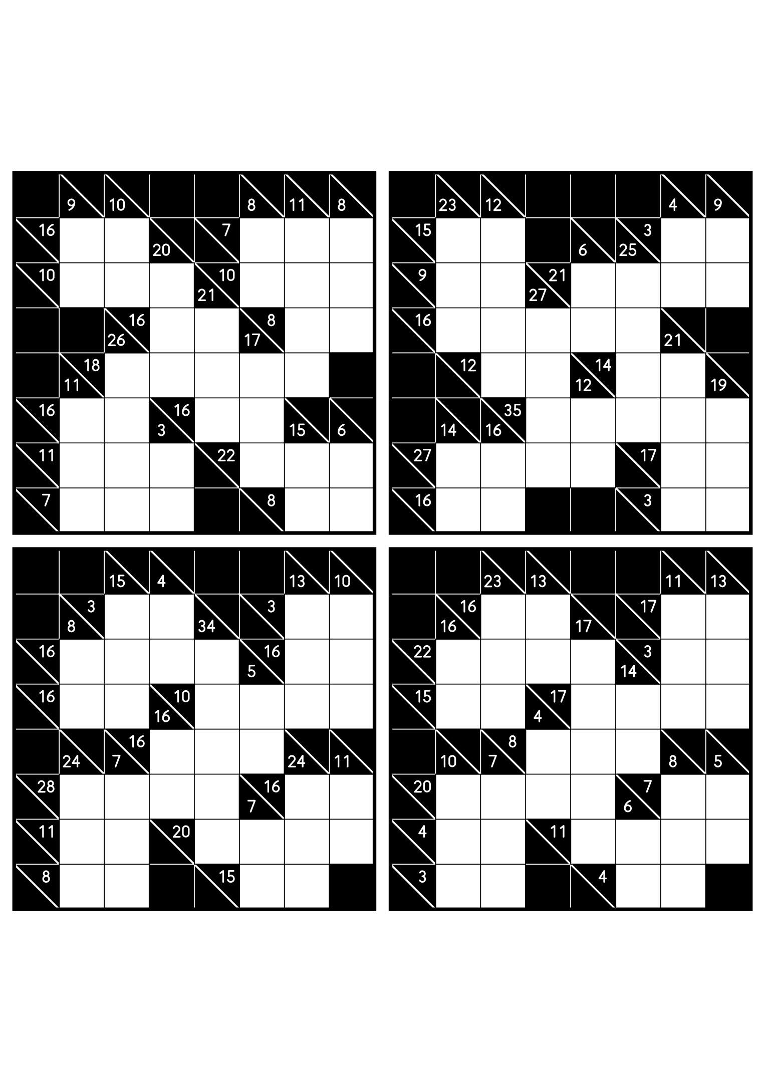 Four easy 8x8 kakuro grids, each solved from the combinations of its clues. Level: Easy, 4 puzzles per page. Variant 3.