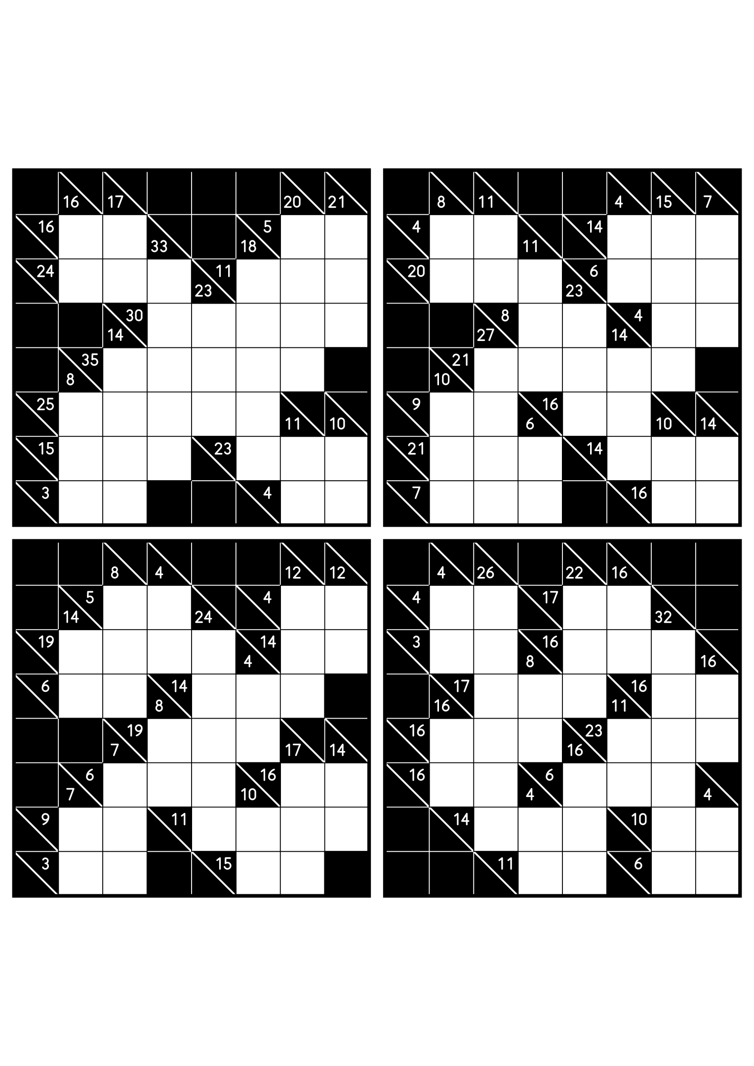 Four easy 8x8 kakuro grids, each solved from the combinations of its clues. Level: Easy, 4 puzzles per page. Variant 4.