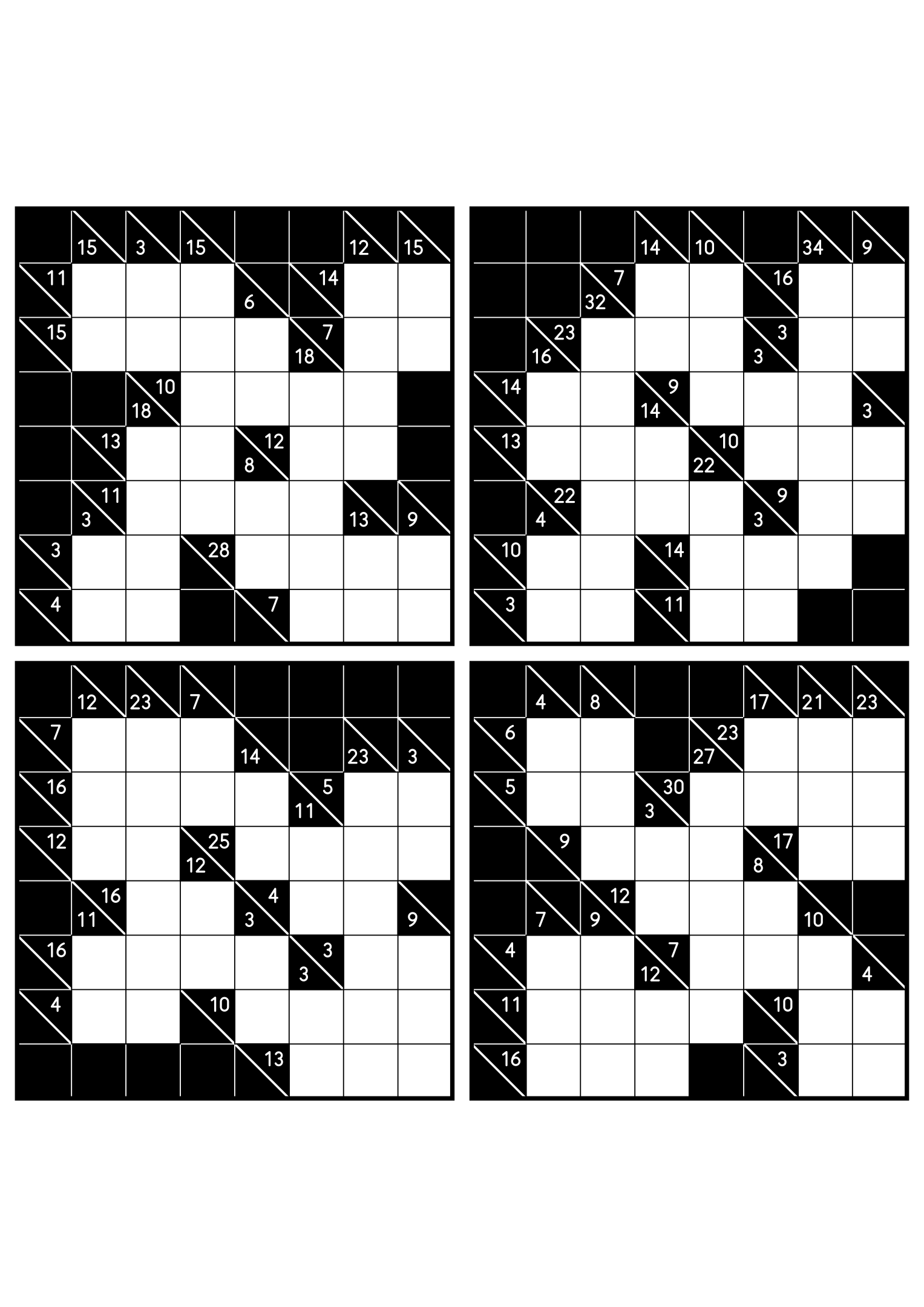 Four easy 8x8 kakuro grids, each solved from the combinations of its clues. Level: Easy, 4 puzzles per page. Variant 5.