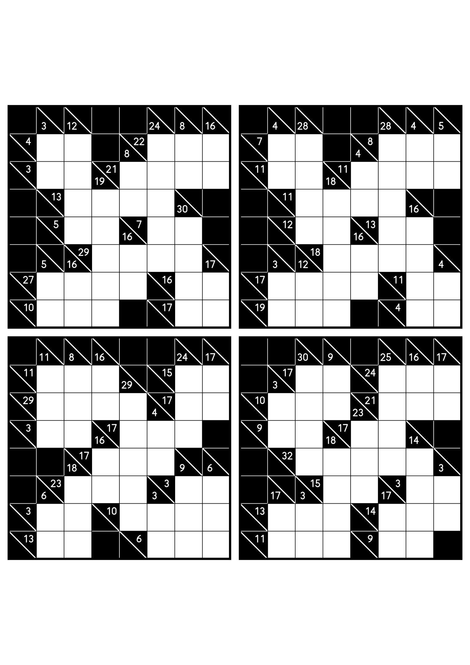 Four easy 8x8 kakuro grids, each solved from the combinations of its clues. Level: Easy, 4 puzzles per page. Variant 6.