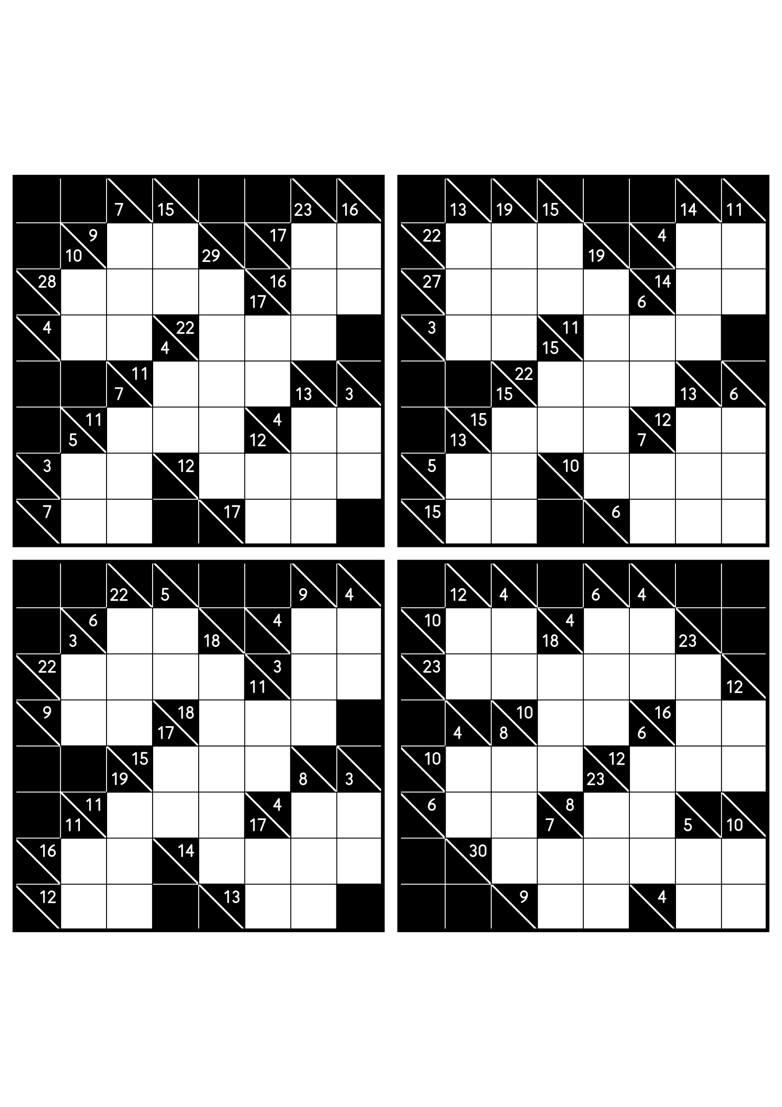 Four easy 8x8 kakuro grids, each solved from the combinations of its clues. Level: Easy, 4 puzzles per page. Variant 7.