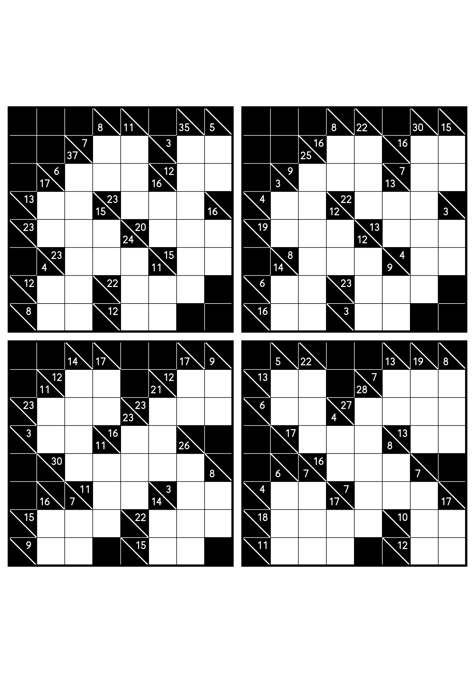 Four easy 8x8 kakuro grids, each solved from the combinations of its clues. Level: Easy, 4 puzzles per page. Variant 8.
