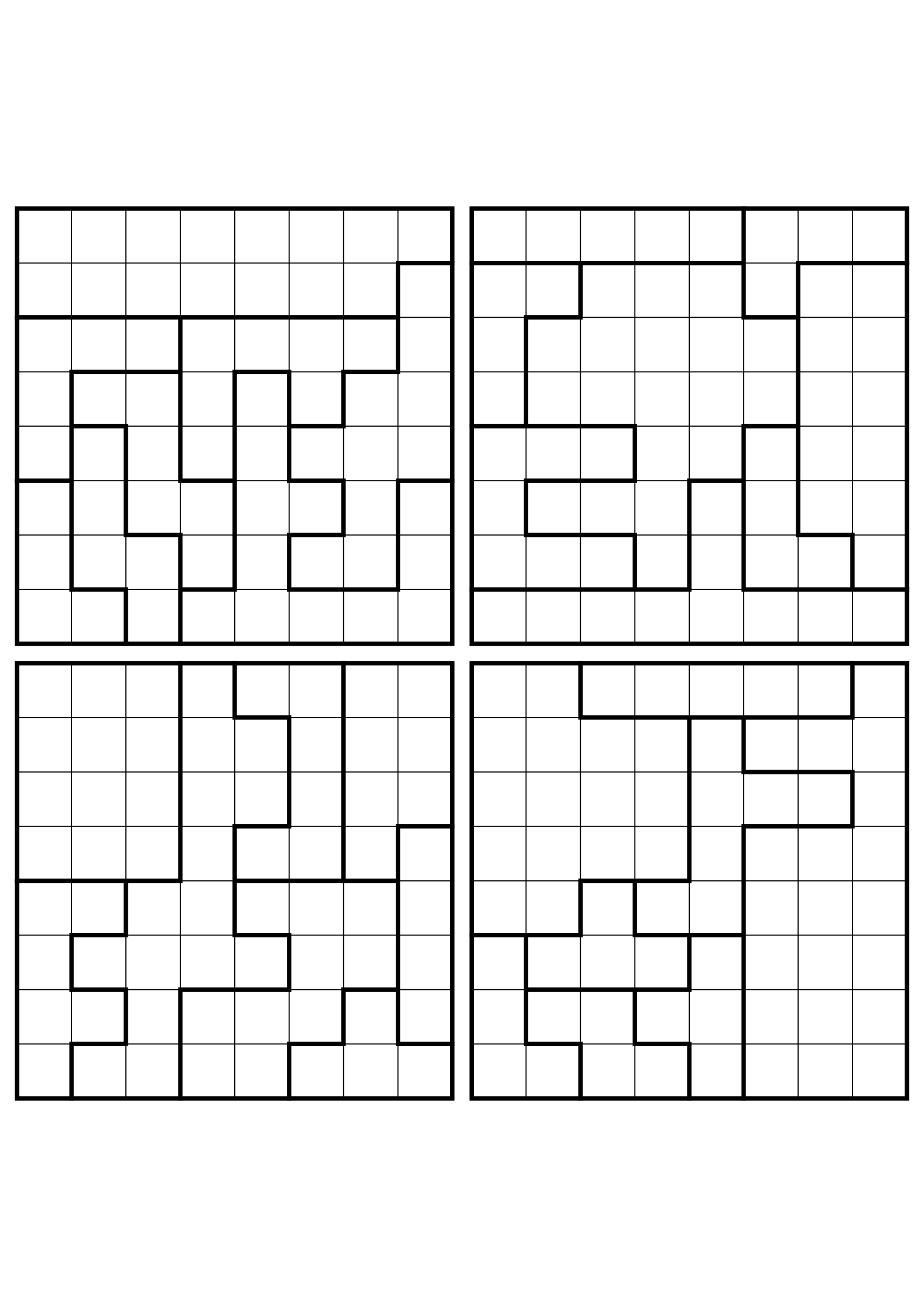 Four easy 8x8 star battle grids, each solved region by region. Level: Easy, 4 puzzles per page. Variant 1.