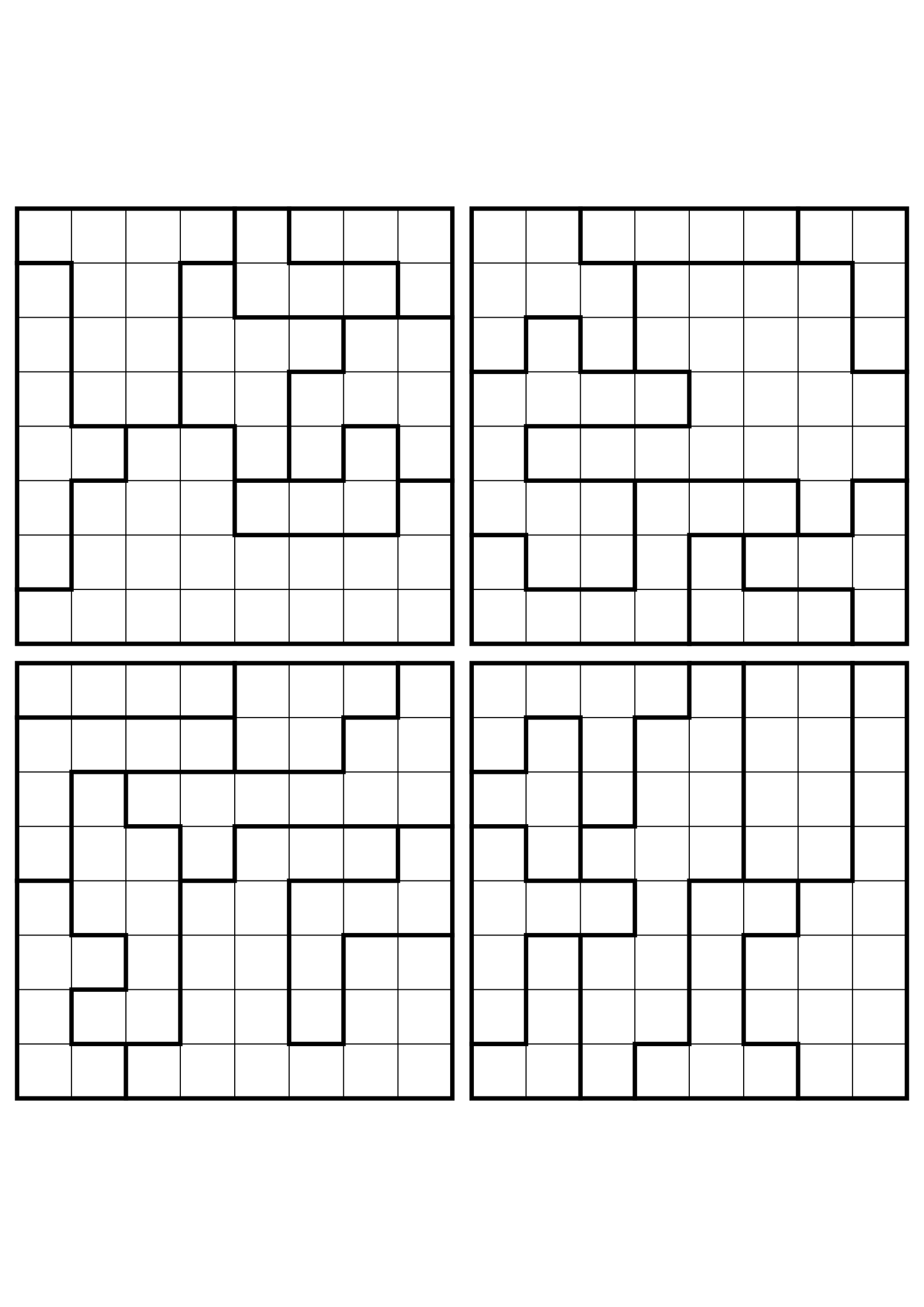Four easy 8x8 star battle grids, each solved region by region. Level: Easy, 4 puzzles per page. Variant 4.