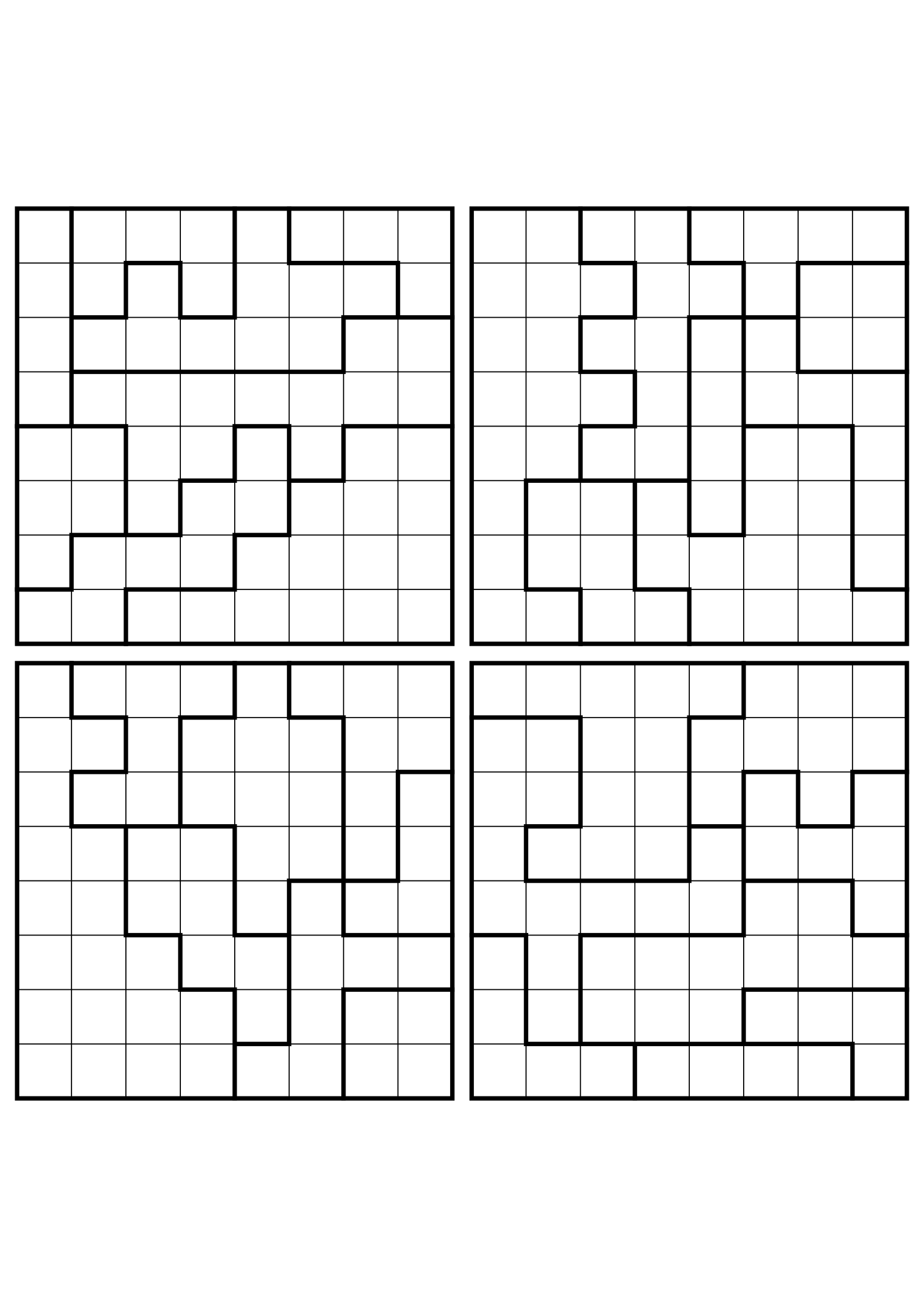 Four easy 8x8 star battle grids, each solved region by region. Level: Easy, 4 puzzles per page. Variant 7.
