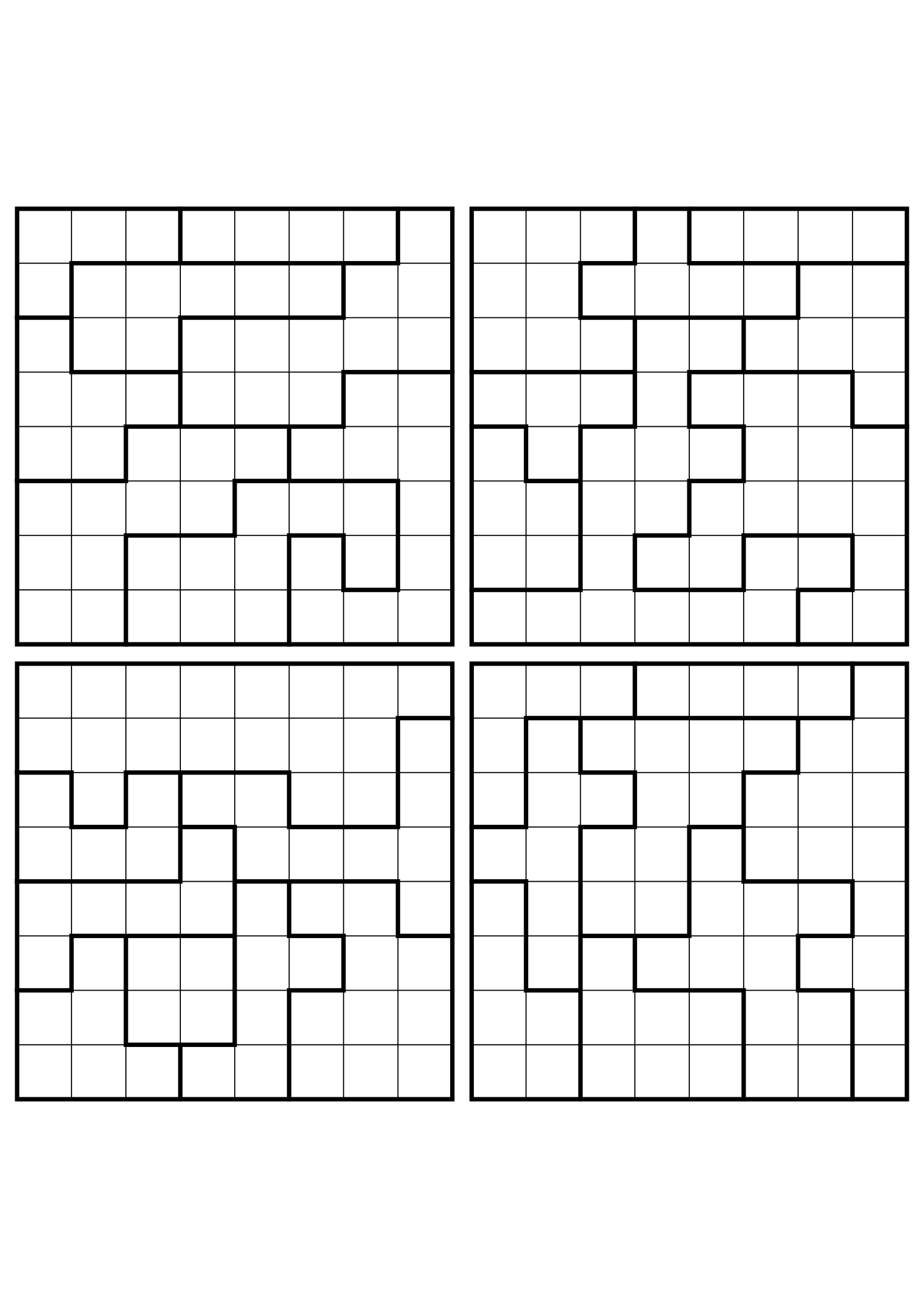 Four easy 8x8 star battle grids, each solved region by region. Level: Easy, 4 puzzles per page. Variant 8.