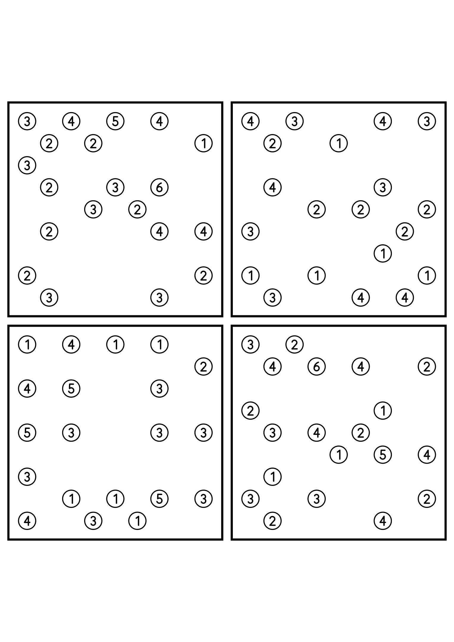 Four easy 9x9 hashi puzzles, each solved by counting bridges. Level: Easy, 4 puzzles per page. Variant 1.