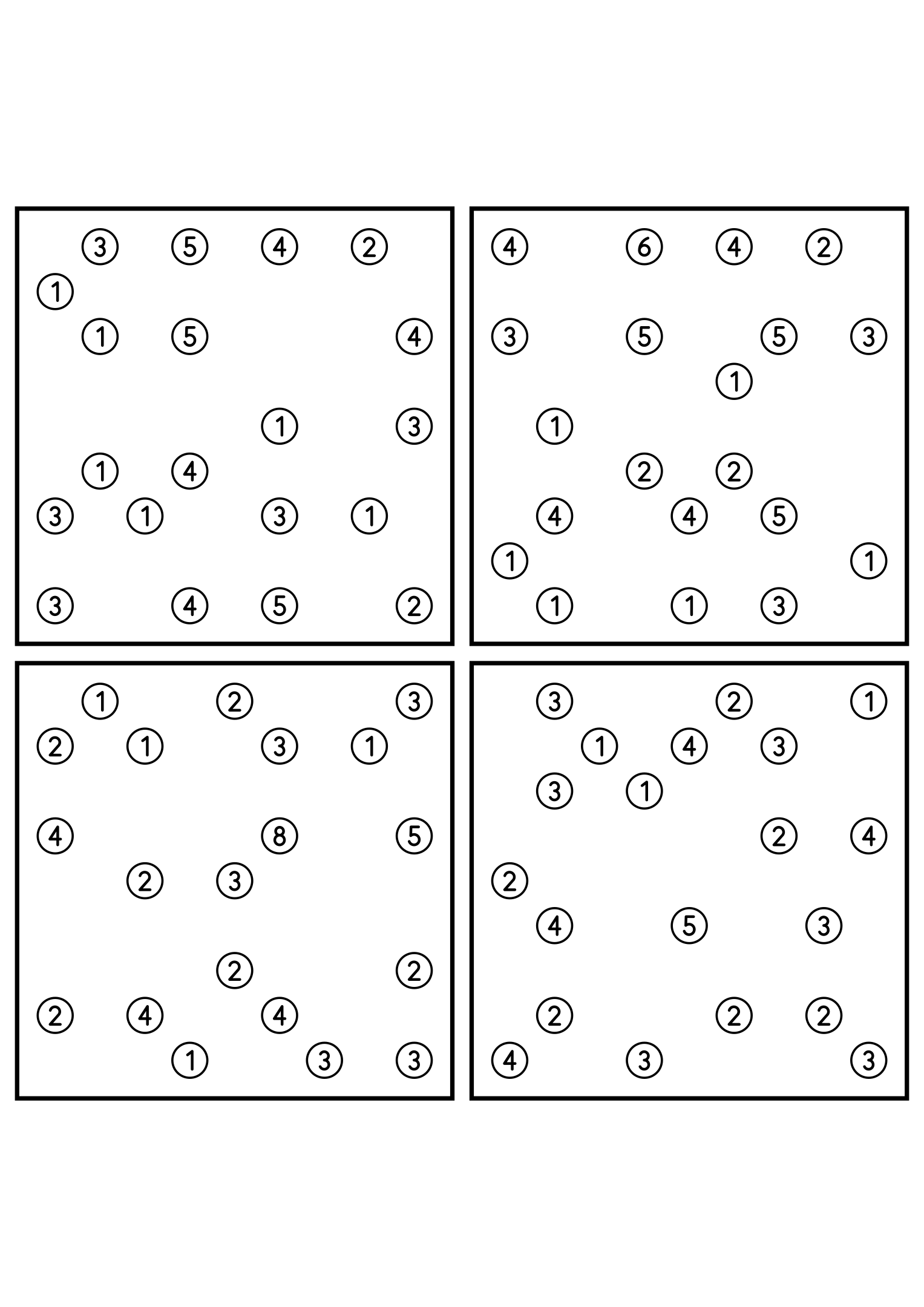 Four easy 9x9 hashi puzzles, each solved by counting bridges. Level: Easy, 4 puzzles per page. Variant 2.