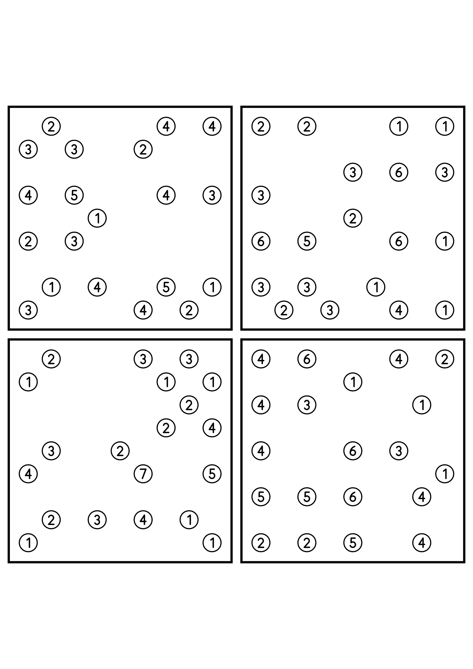 Four easy 9x9 hashi puzzles, each solved by counting bridges. Level: Easy, 4 puzzles per page. Variant 3.