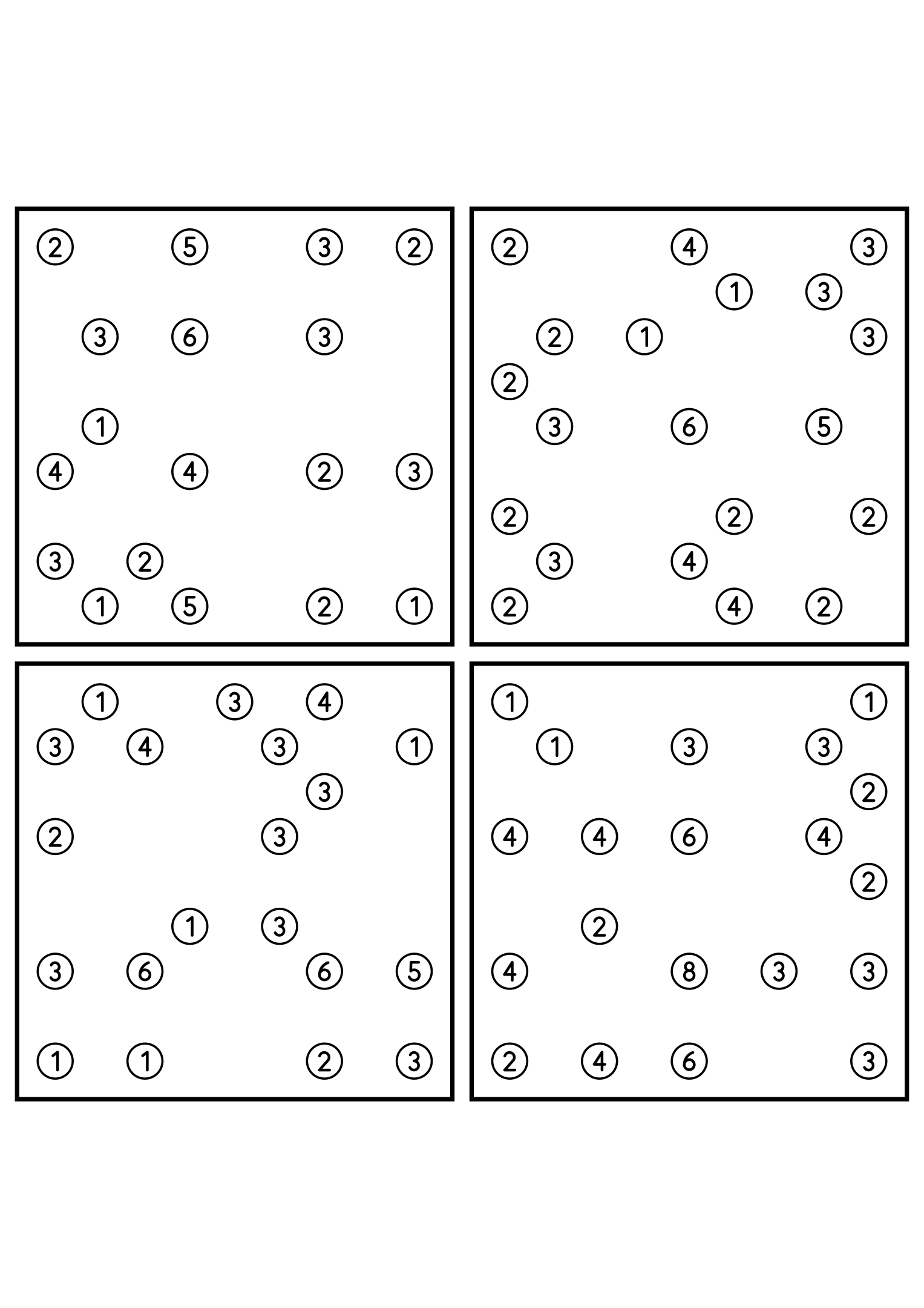 Four easy 9x9 hashi puzzles, each solved by counting bridges. Level: Easy, 4 puzzles per page. Variant 4.