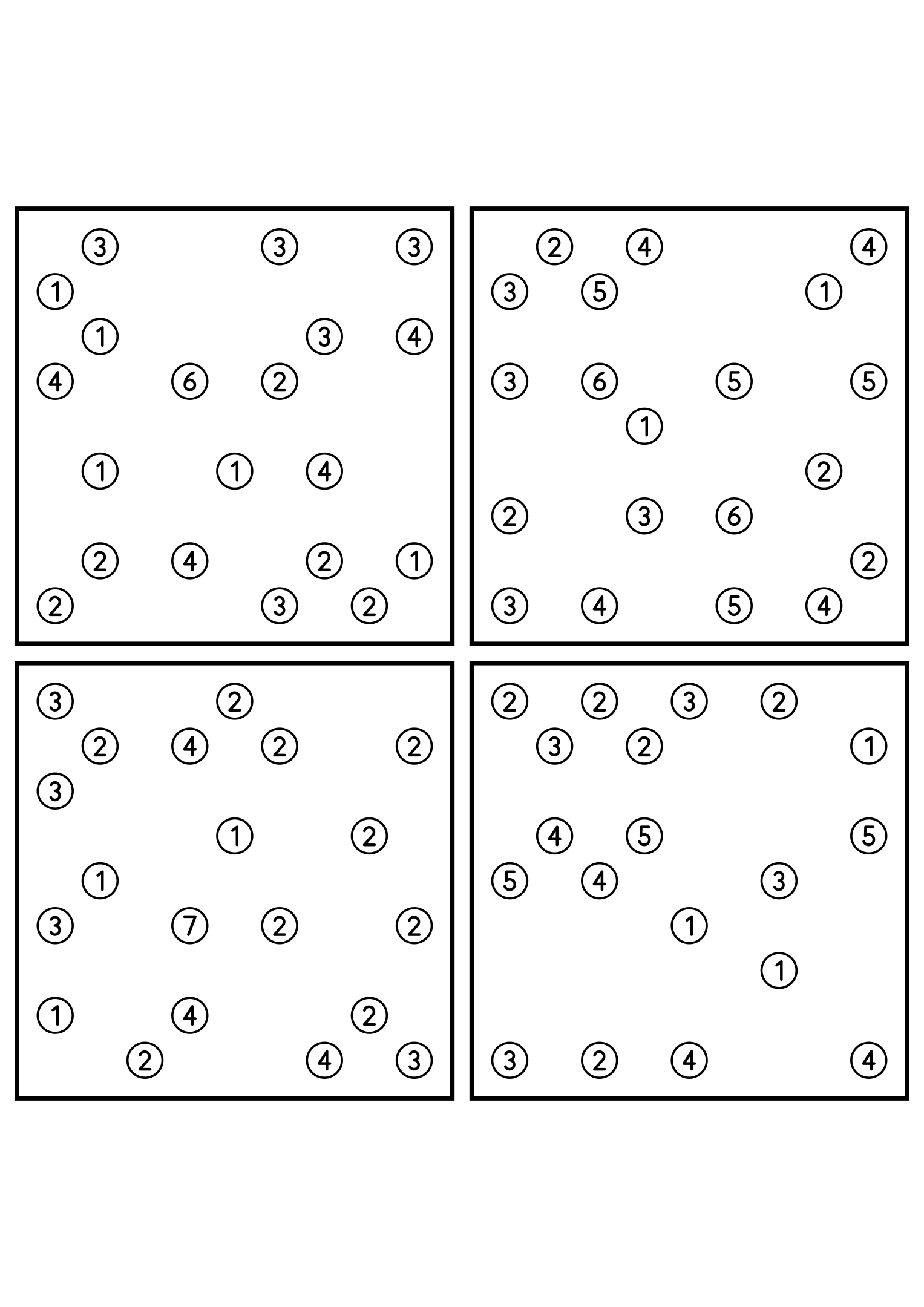 Four easy 9x9 hashi puzzles, each solved by counting bridges. Level: Easy, 4 puzzles per page. Variant 5.