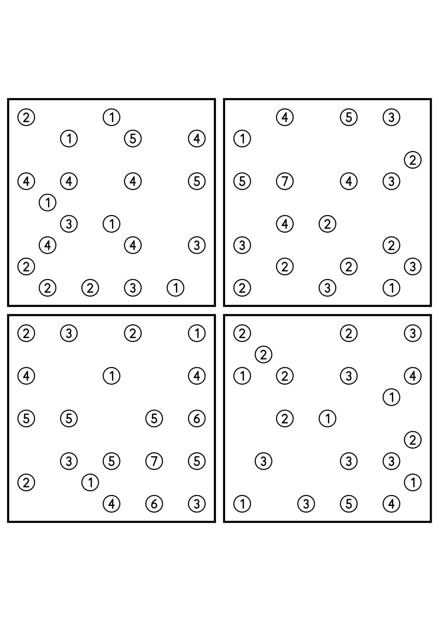 Four easy 9x9 hashi puzzles, each solved by counting bridges. Level: Easy, 4 puzzles per page. Variant 6.