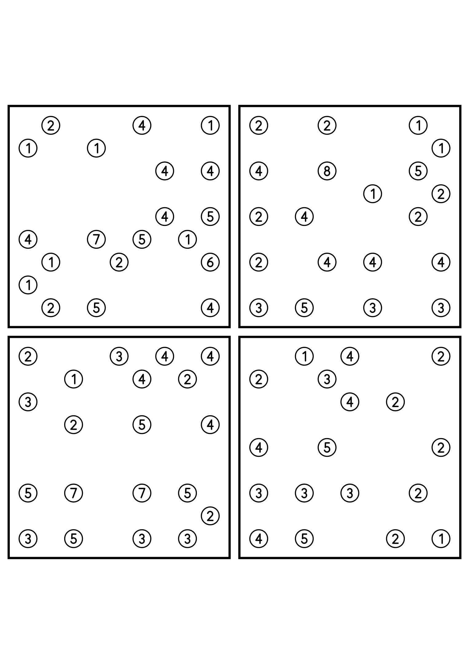 Four easy 9x9 hashi puzzles, each solved by counting bridges. Level: Easy, 4 puzzles per page. Variant 7.
