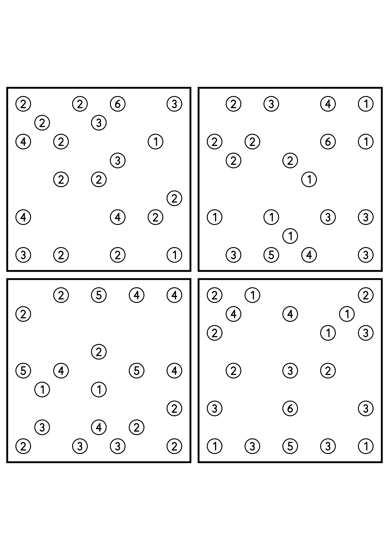 Four easy 9x9 hashi puzzles, each solved by counting bridges. Level: Easy, 4 puzzles per page. Variant 8.