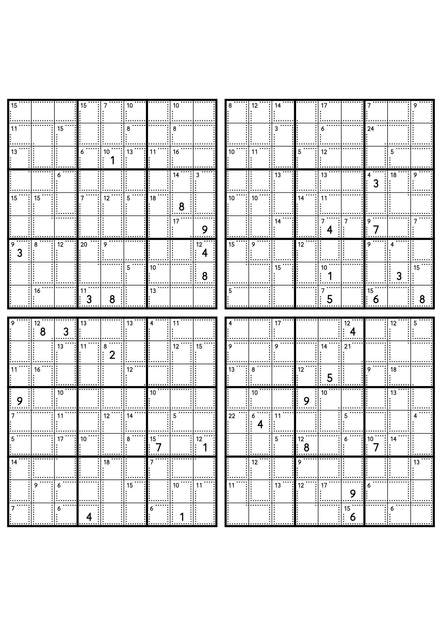 Four easy 9x9 killer sudoku grids, each with small cages and eight given digits. Level: Easy, 4 puzzles per page. Variant 1.