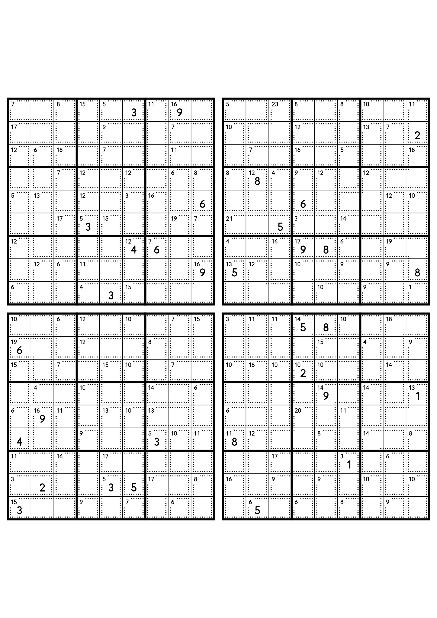 Four easy 9x9 killer sudoku grids, each with small cages and eight given digits. Level: Easy, 4 puzzles per page. Variant 2.