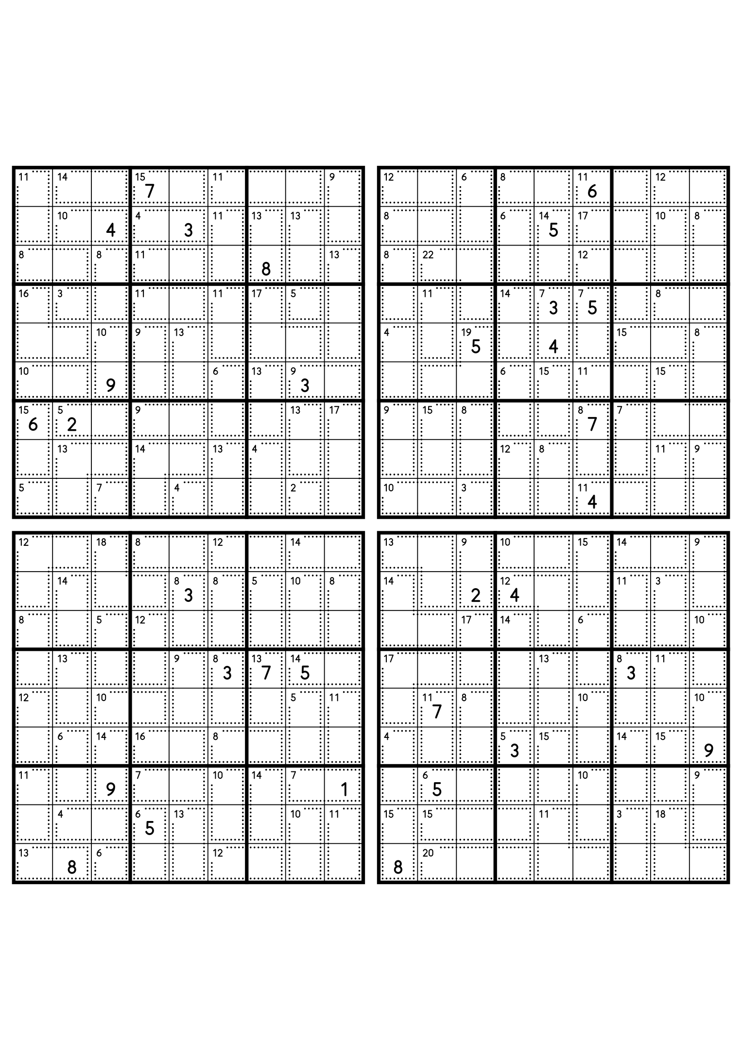 Four easy 9x9 killer sudoku grids, each with small cages and eight given digits. Level: Easy, 4 puzzles per page. Variant 3.