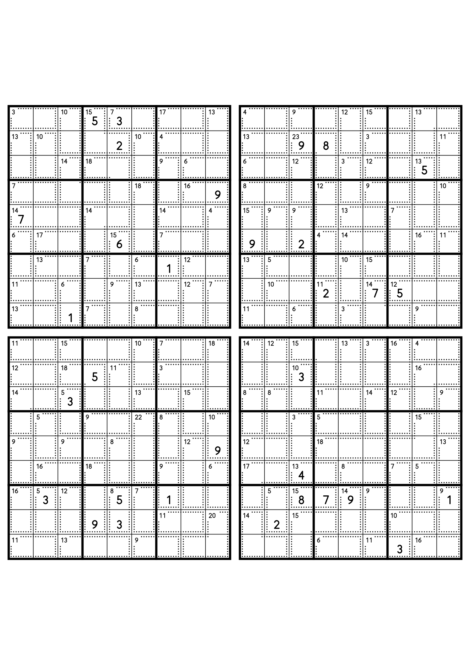 Four easy 9x9 killer sudoku grids, each with small cages and eight given digits. Level: Easy, 4 puzzles per page. Variant 4.